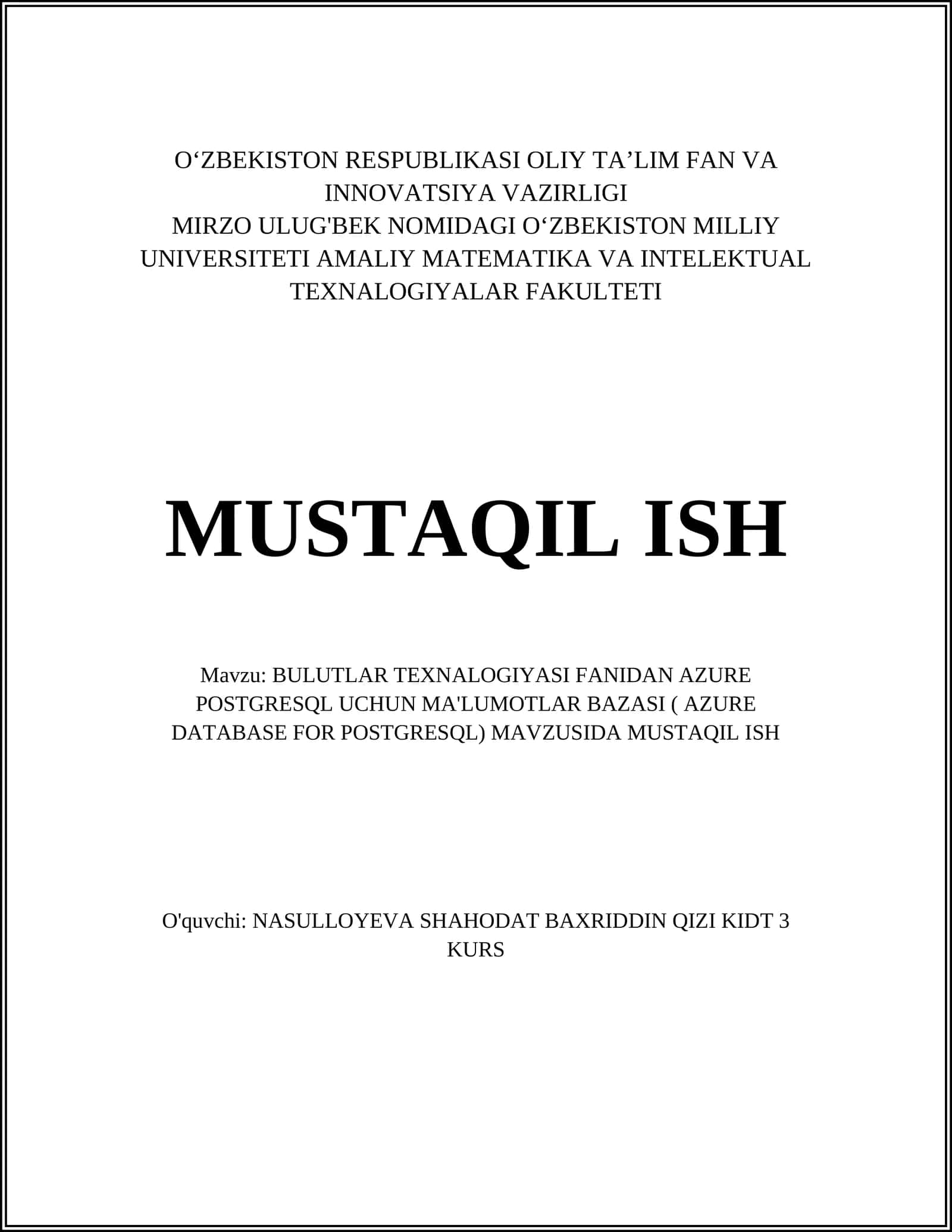 AZURE POSTGRESQL MA'LUMOTLAR BAZASI 1