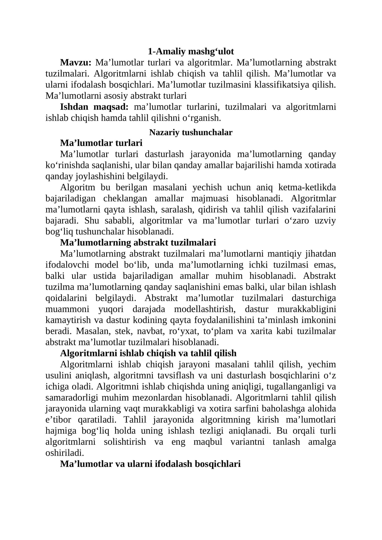 Ma'lumotlar turlari va algoritmlar 1