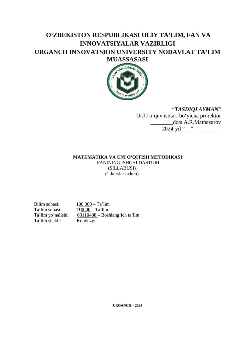 Matematika va uni o‘qitish metodikasi 1