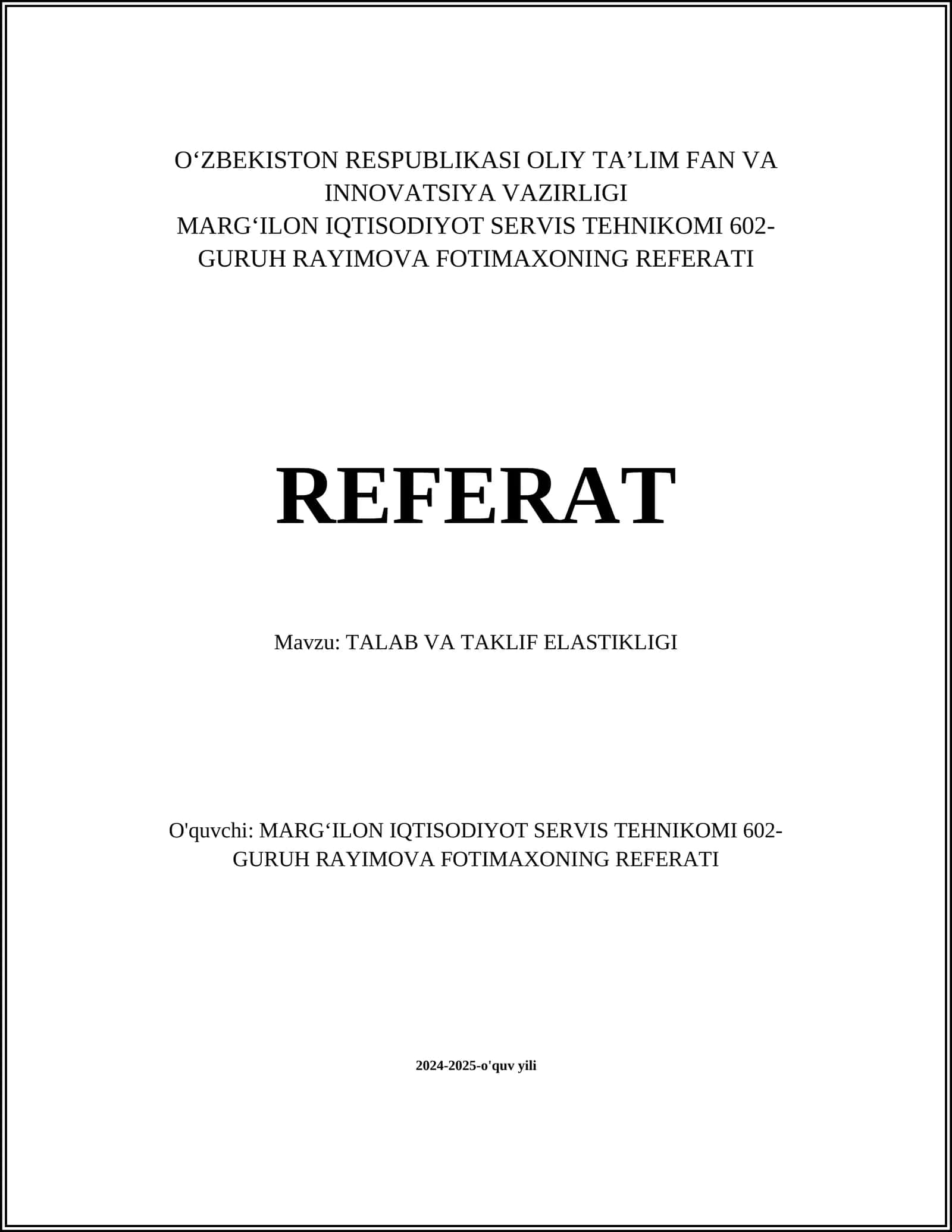TALAB VA TAKLIF ELASTIKLIGI 1
