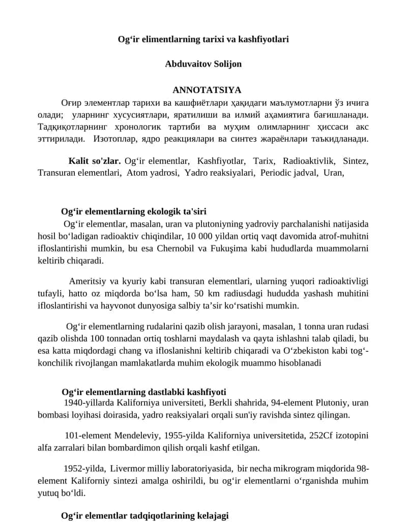 Ogʻir elementlarning tarixi va kashfiyotlari 1