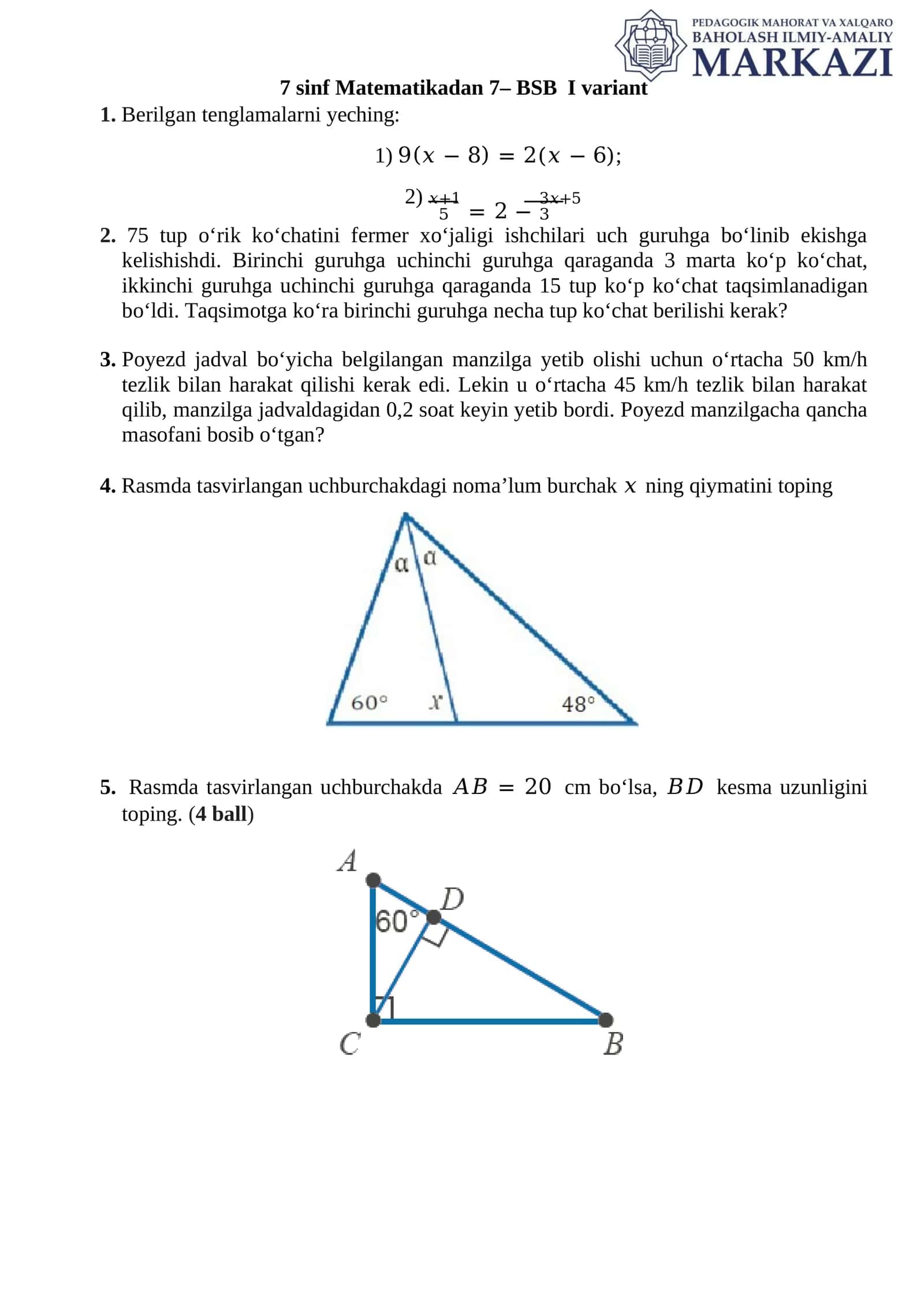 7 sinf Matematikadan 7– BSB I variant 1