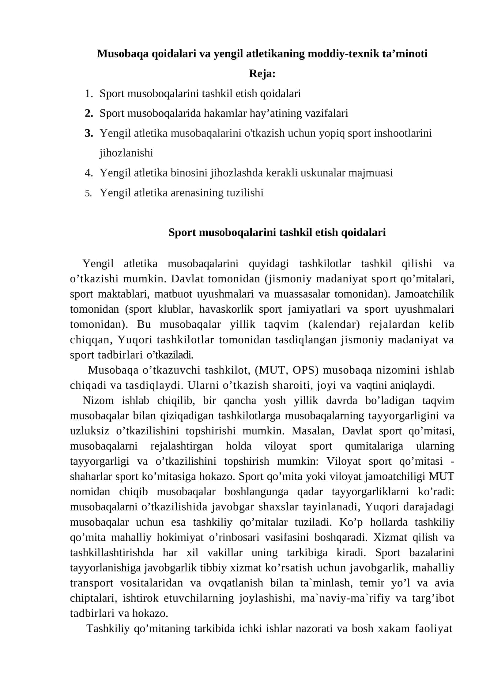 Musоbаqа qоidаlаri vа yengil аtlеtikаning mоddiy-tехnik tа’minоti 1