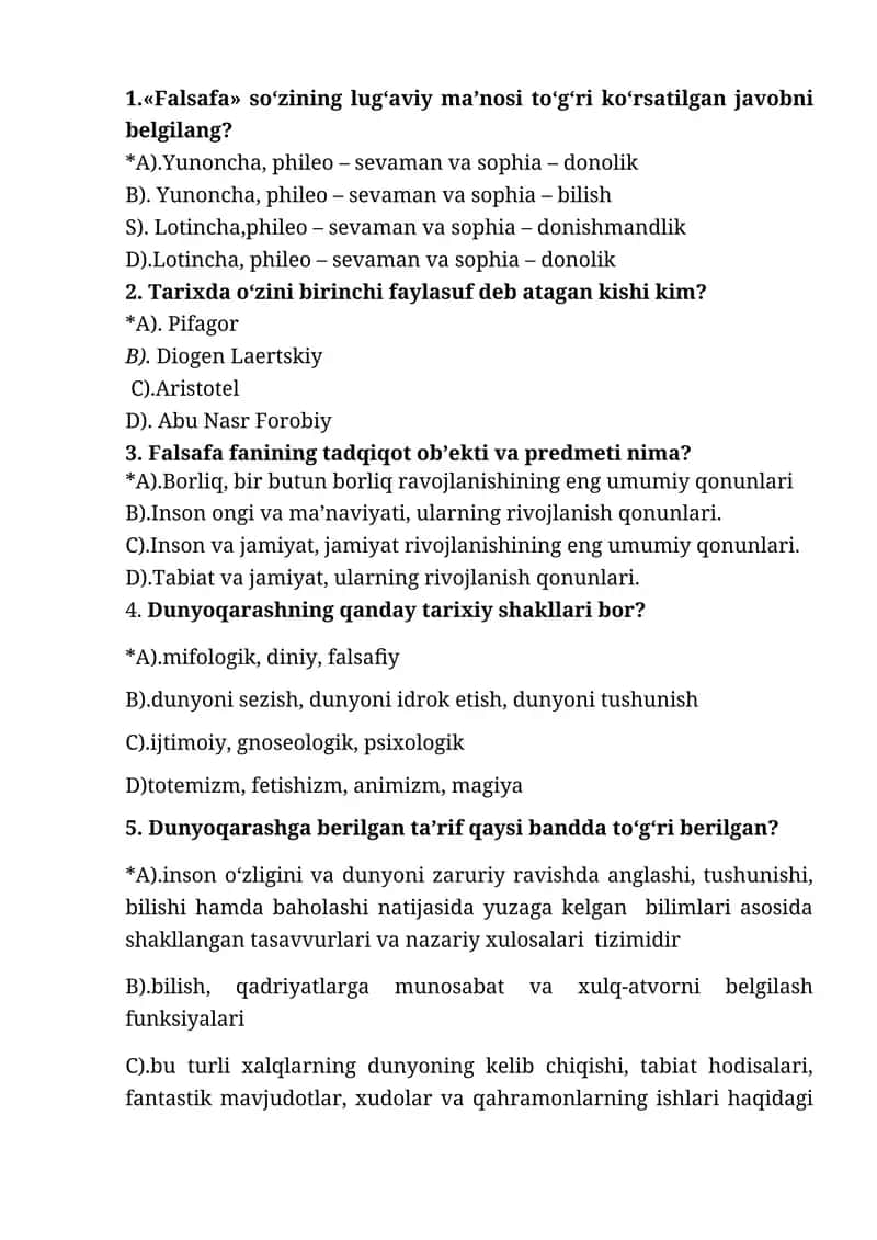 Falsafa fanidan testlar to'plami 1