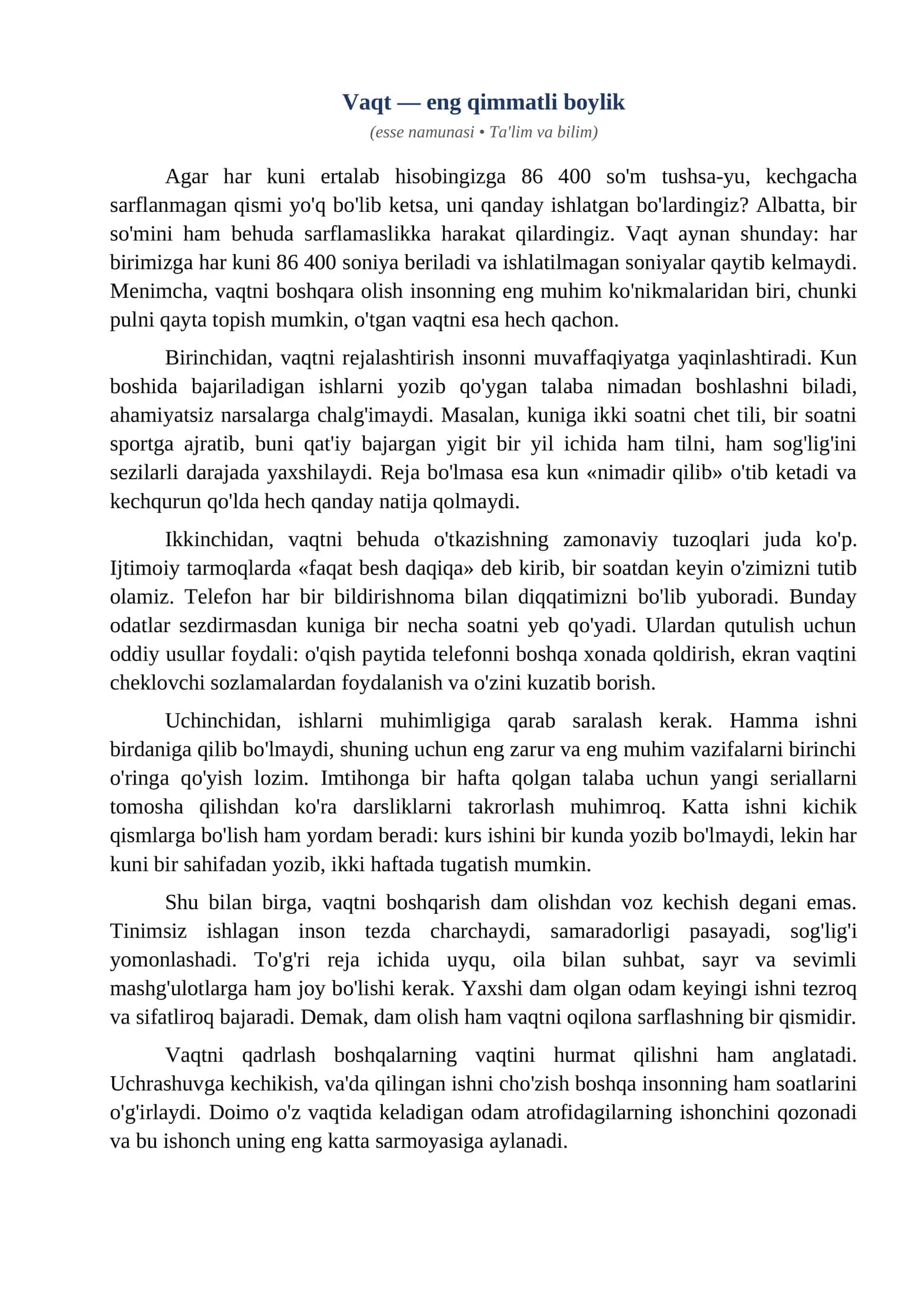 Esse Vaqt eng qimmatli boylik 1