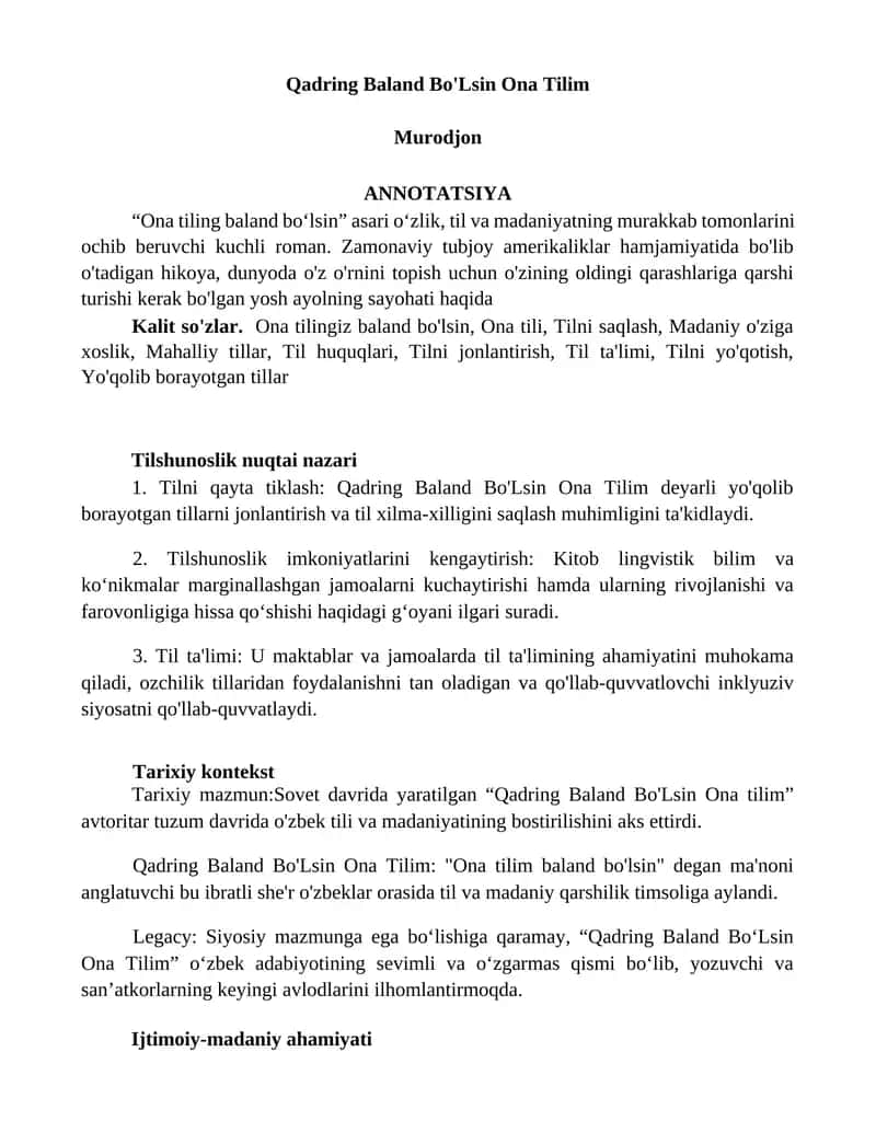 Qadring Baland Bo'Lsin Ona Tilim 1