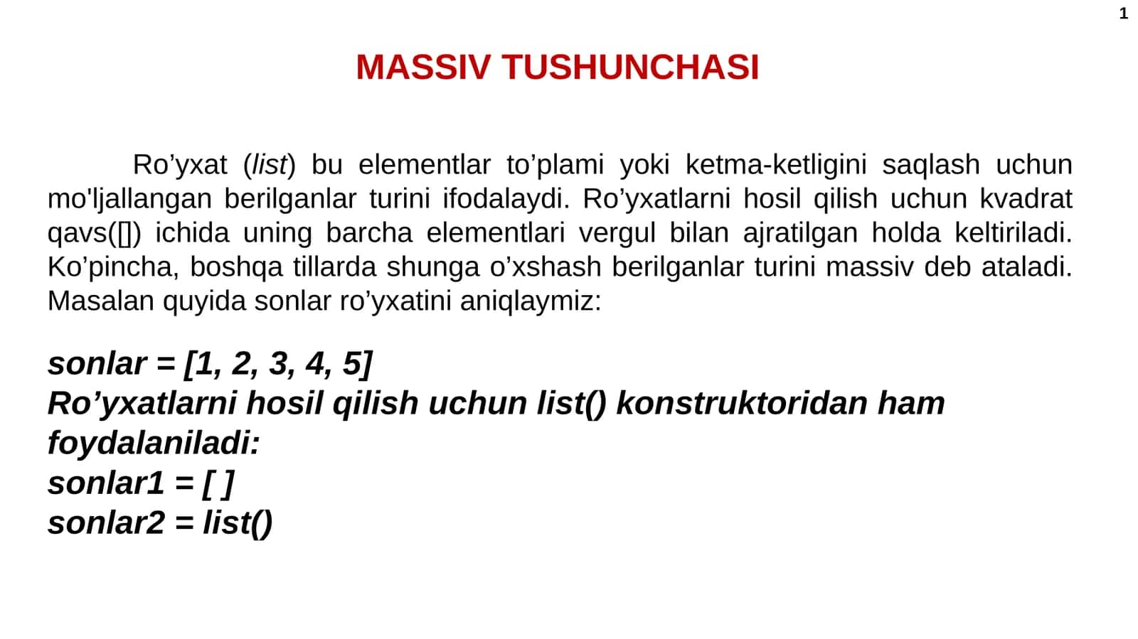 MASSIV TUSHUNCHASI 1