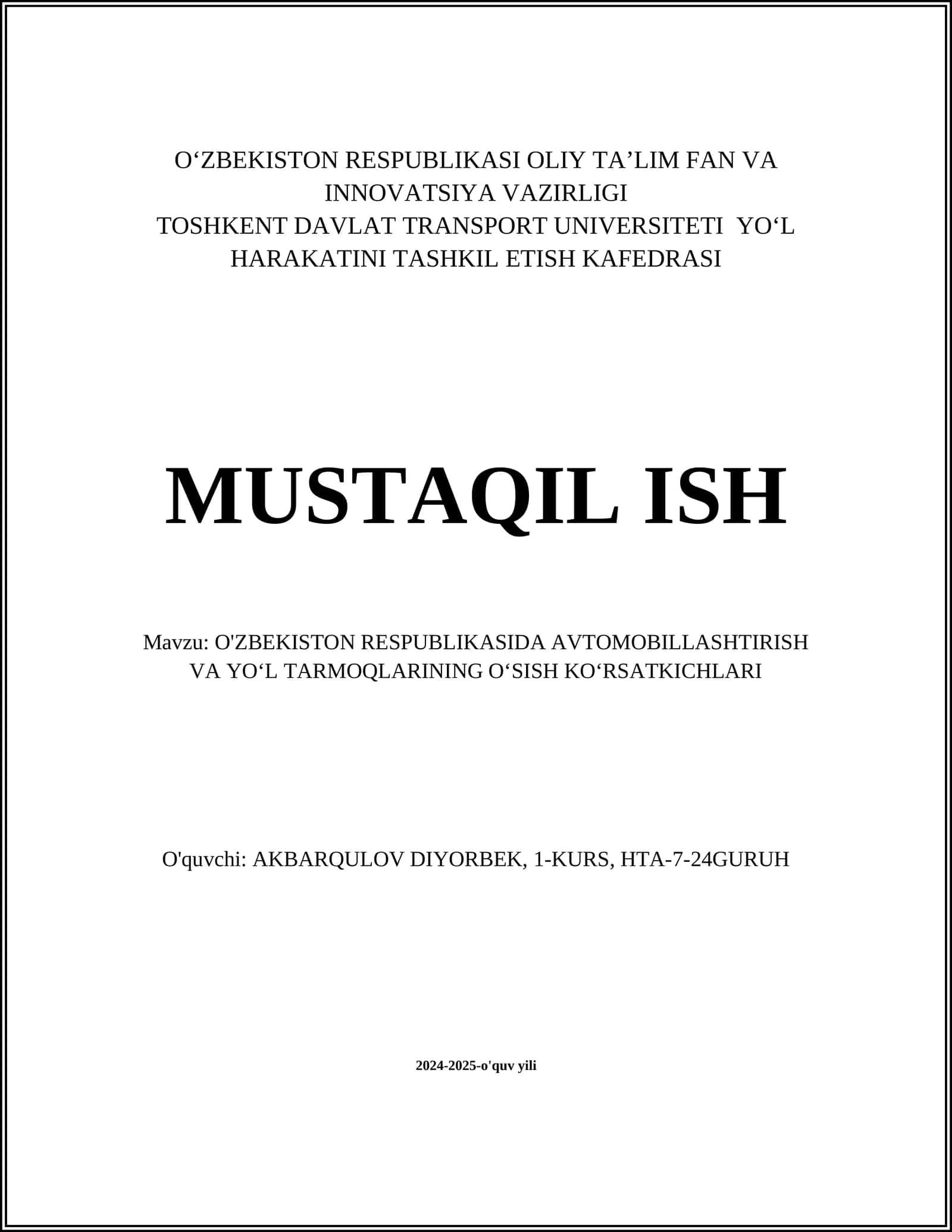 O‘zbekiston Respublikasida Avtomobillashtirish va Yo‘l Tarmoqlarining O‘sish Ko‘rsatkichlari 1