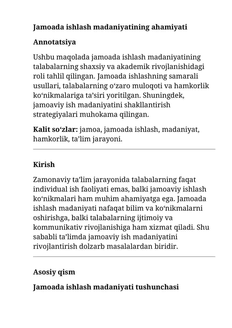 Jamoada ishlash madaniyatining ahamiyati 1