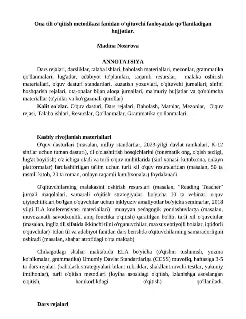 Ona tili o’qitish metodikasi fanidan o’qituvchi faoloyatida qo’llaniladigan hujjatlar