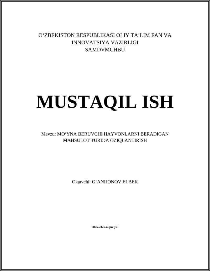 MOʻYNA BERUVCHI HAYVONLARNI BERADIGAN MAHSULOT TURIDA OZIQLANTIRISH 1