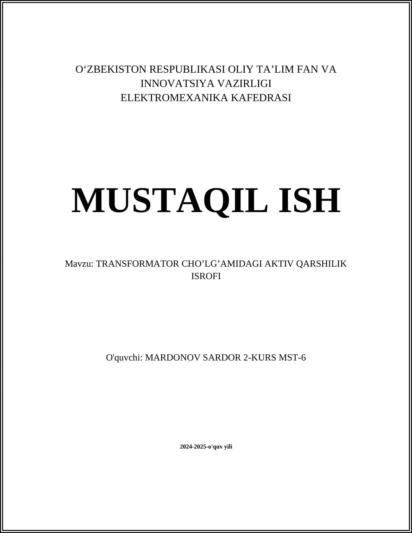 TRANSFORMATOR CHO’LG’AMIDAGI AKTIV QARSHILIK ISROFI 1