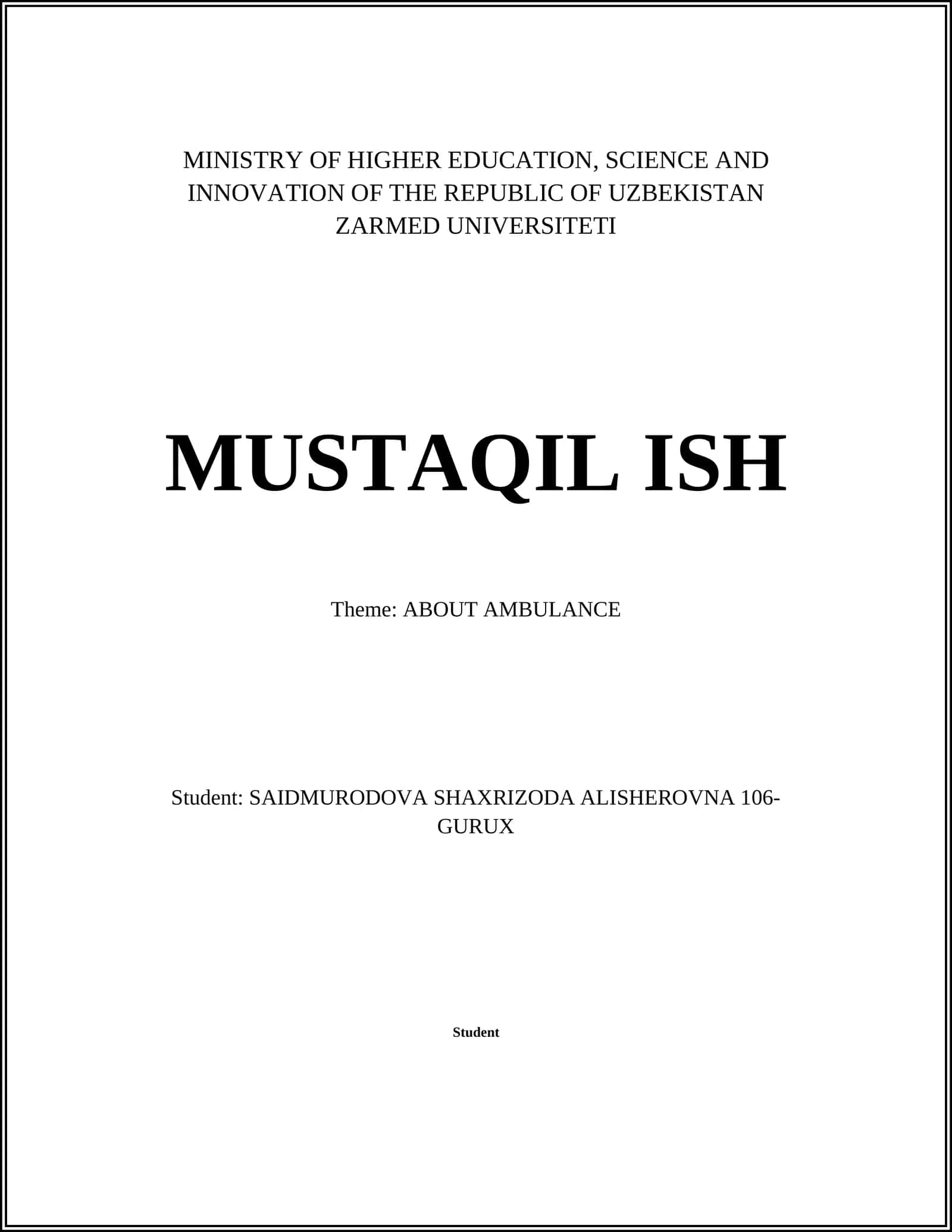 MUSTAQIL ISH Theme: AMBULANCE 1