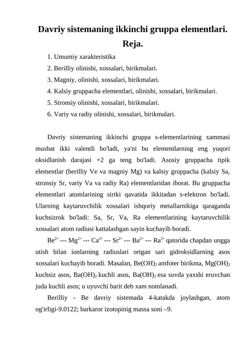 Davriy sistemaning ikkinchi gruppa elementlari 1