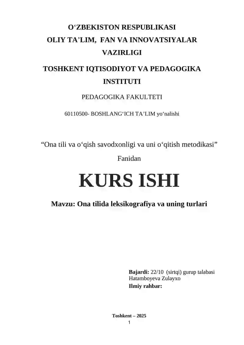 Ona tili va oʻqish savodxonligi va uni oʻqitish metodikasi