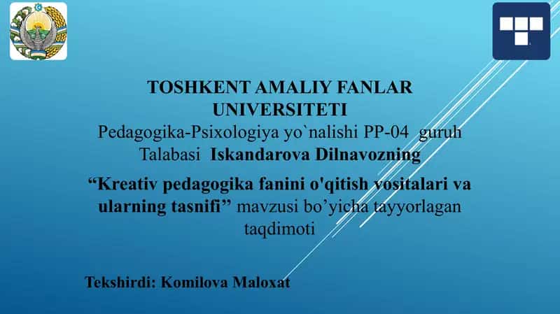 Kreativ pedagogika fanini o'qitish vositalari va ularning tasnifi. 1