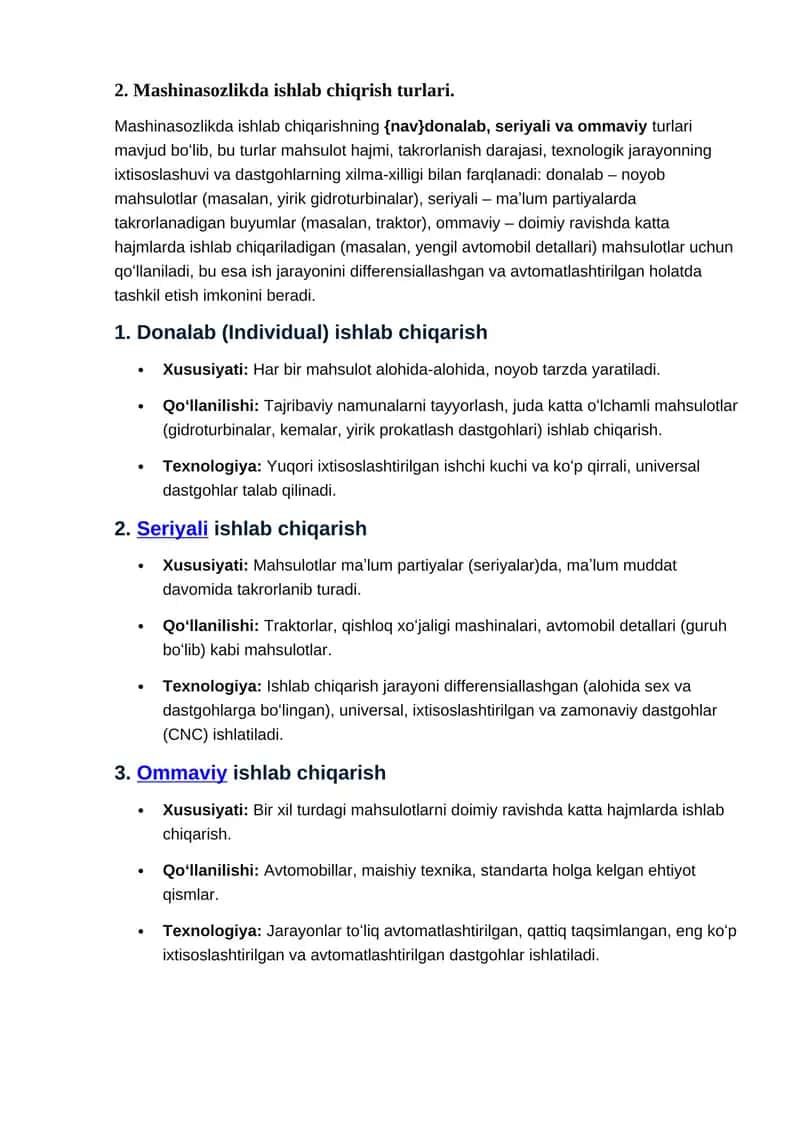 Mashinasozlikda ishlab chiqrish turlari 1