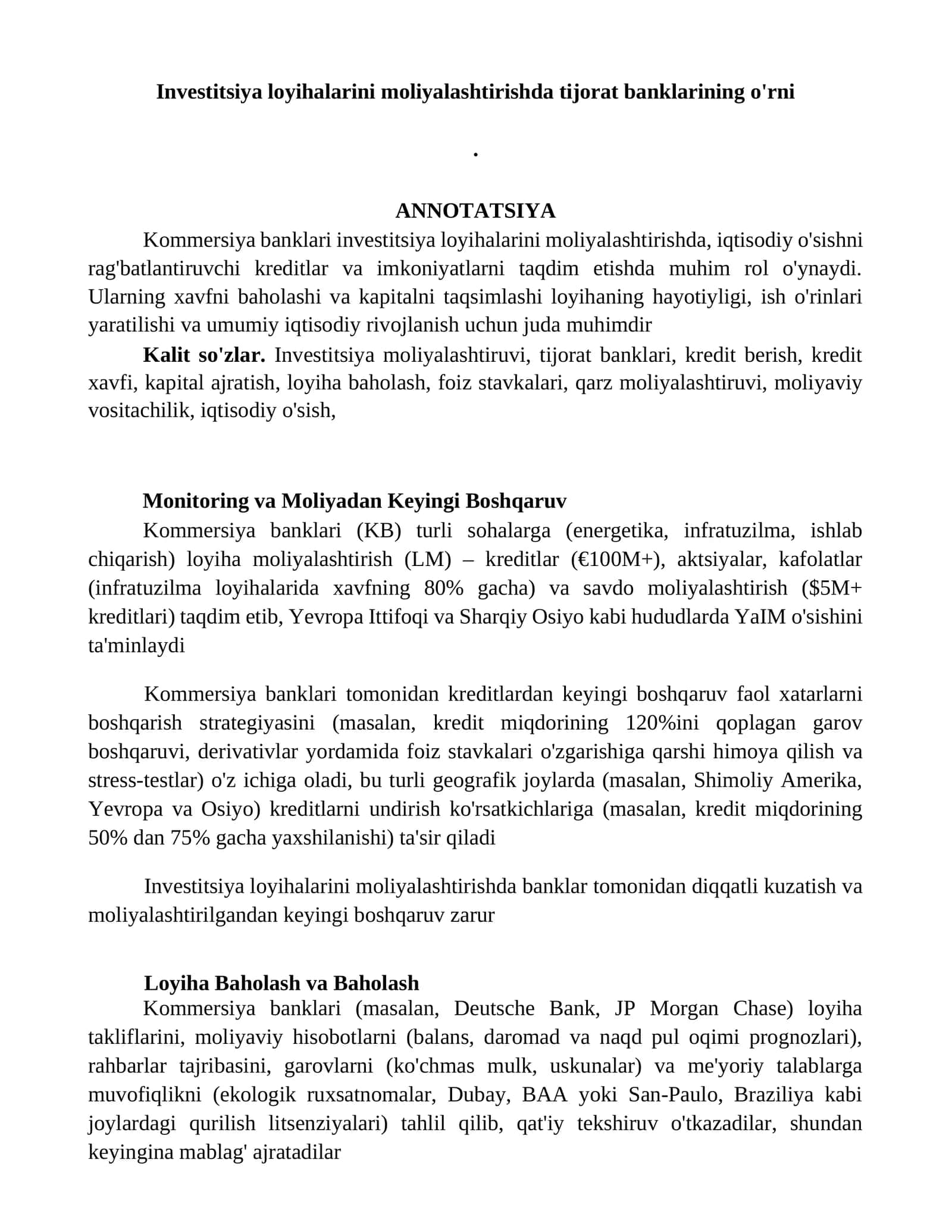 Investitsiya loyihalarini moliyalashtirishda tijorat banklarining o'rni 1