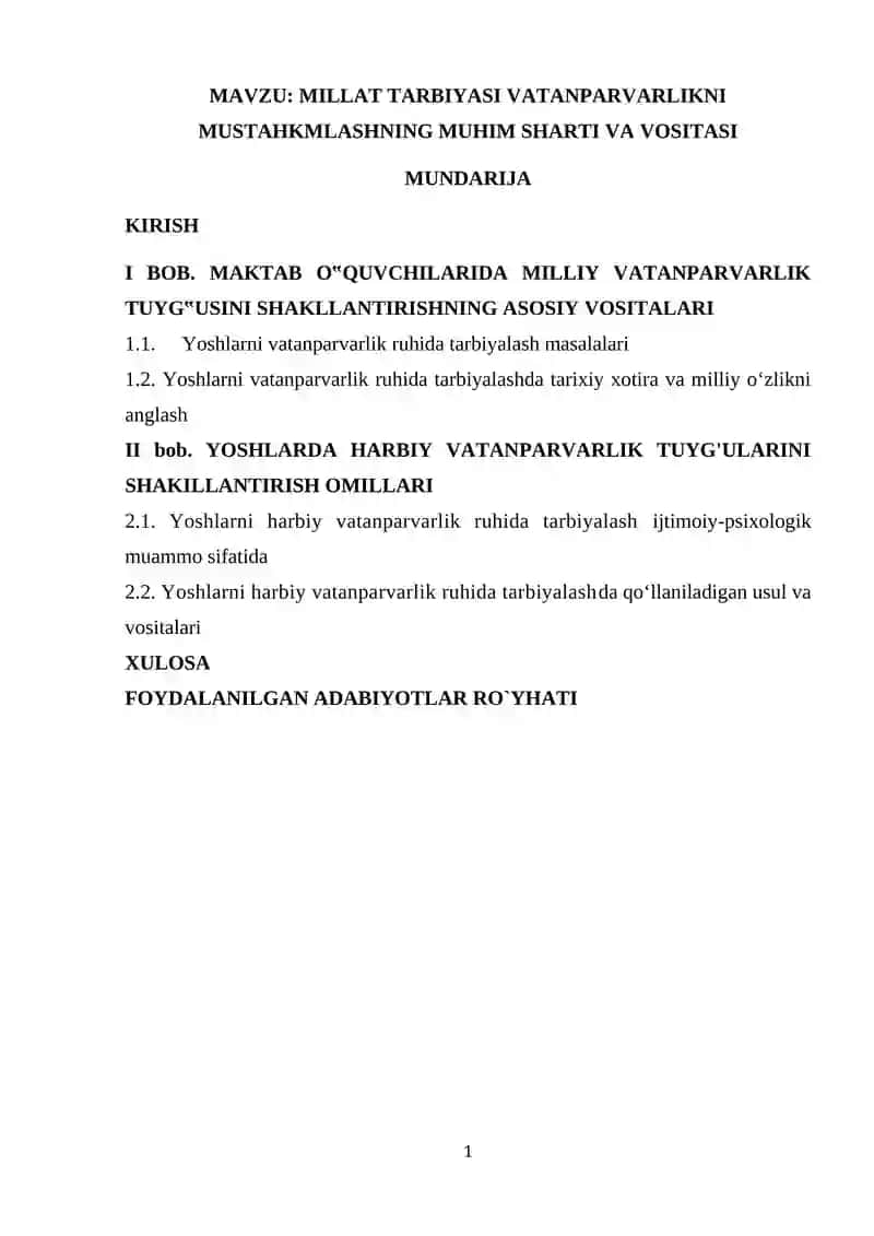 Millat Tarbiyasi Vatanparvarlikni Mustahkmlashning Muhim Sharti va Vositasi