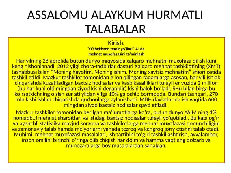“O‘zbekiston temir yo‘llari” AJ da mehnat muxofazasini ta’minlash 1