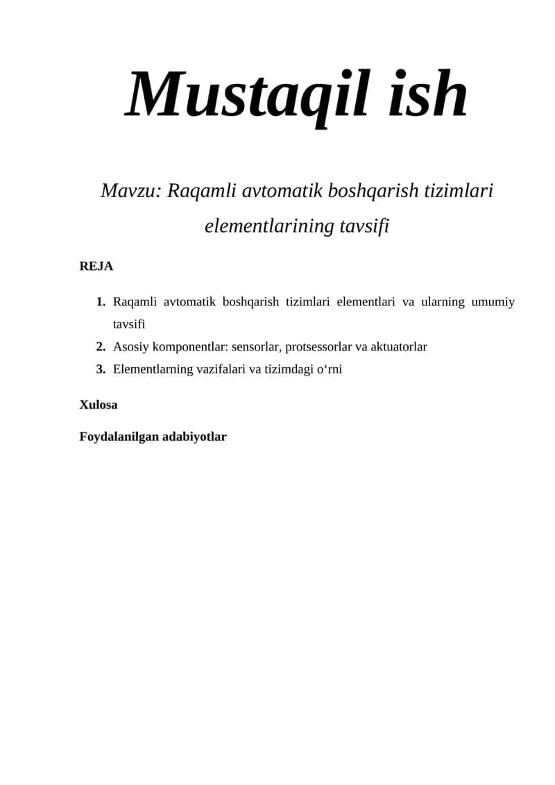 Raqamli avtomatik boshqarish tizimlari elementlarining tavsifi 1