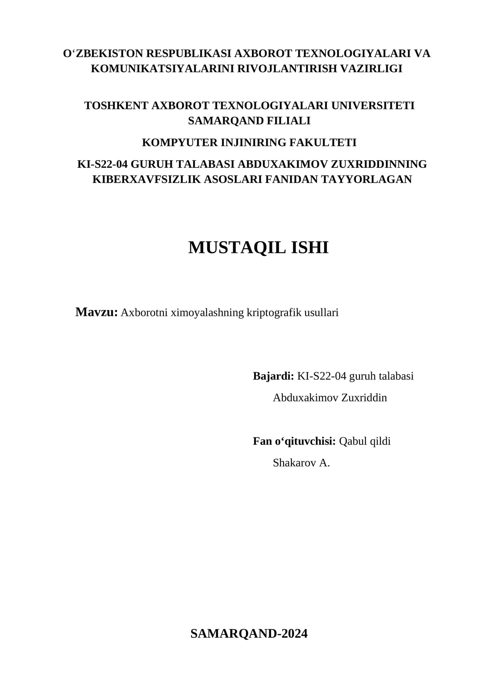 Axborotni ximoyalashning kriptografik usullari 1