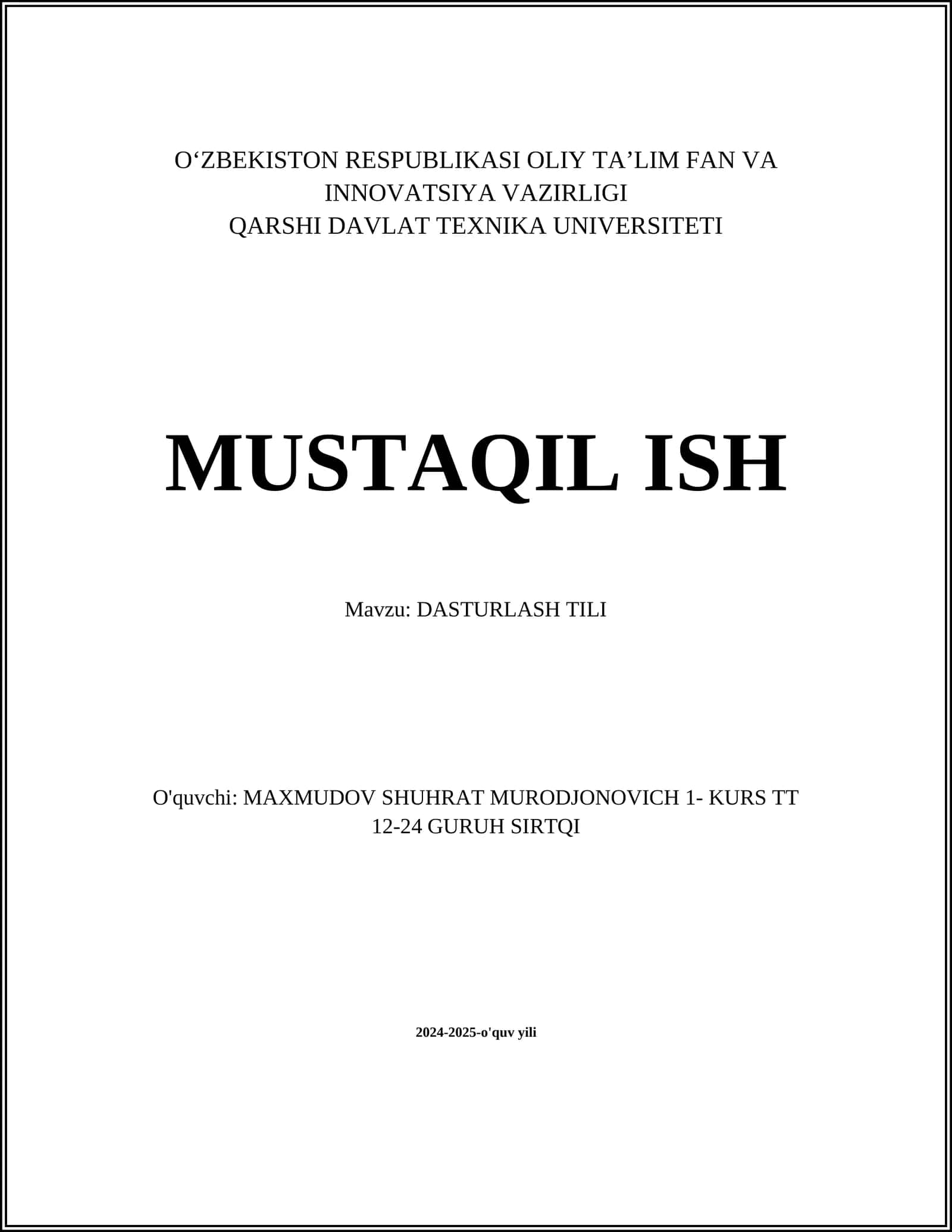 DASTURLASH TILI 1