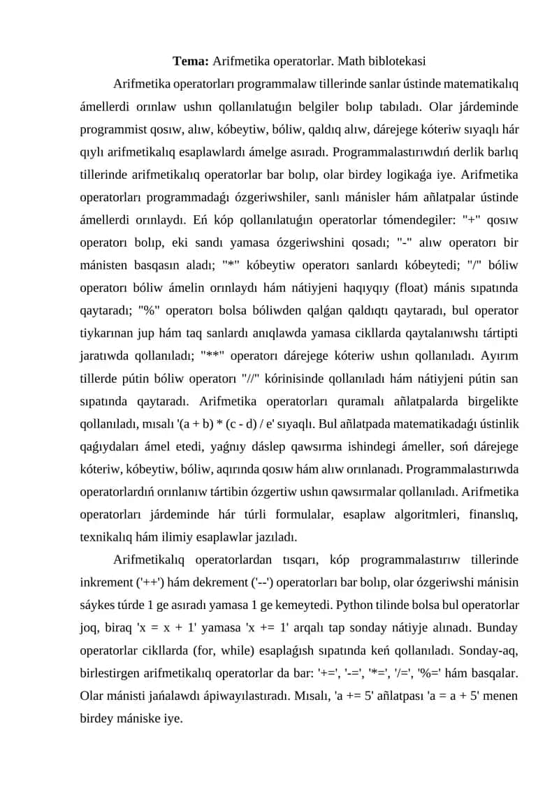 Arifmetika operatorlar. Math biblotekasi 1