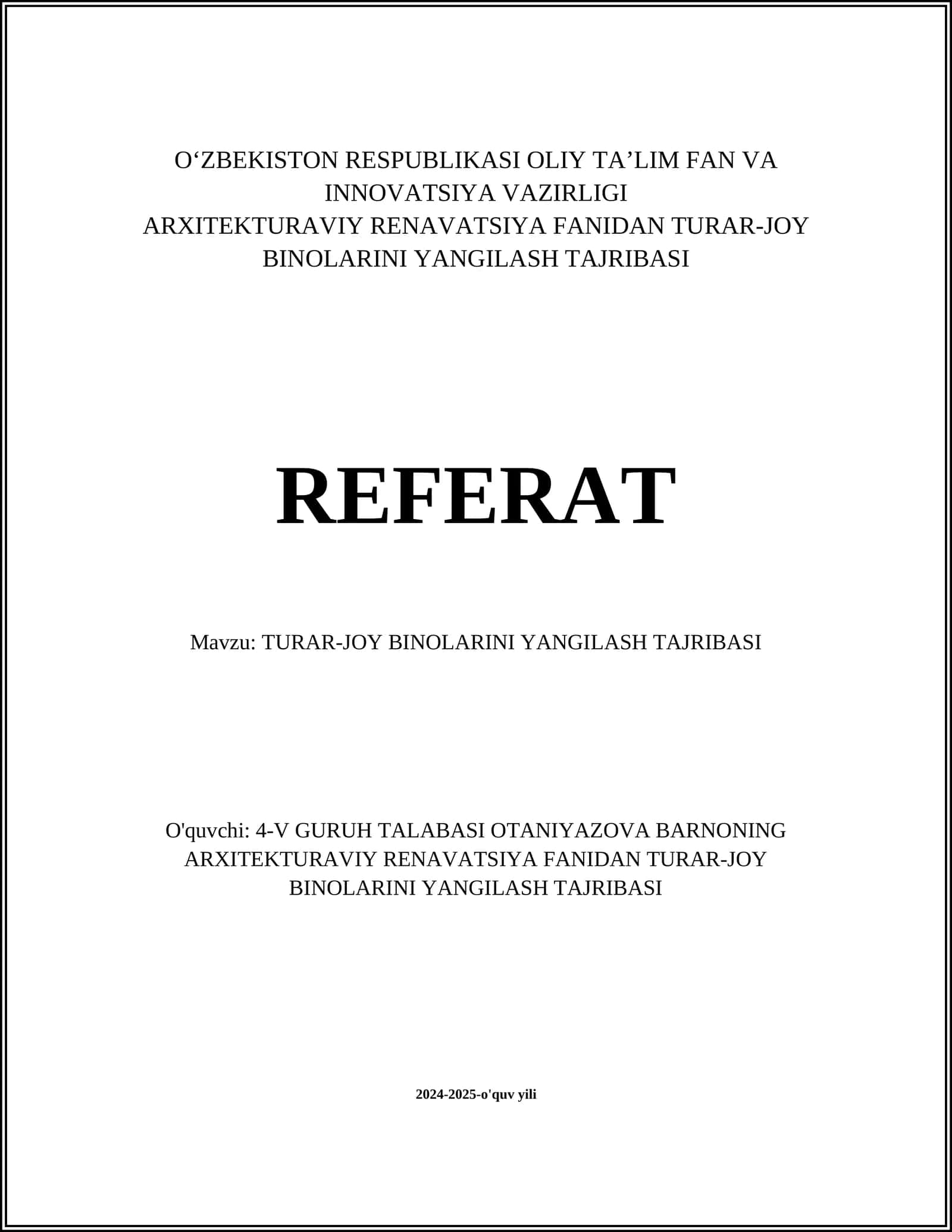 TURAR-JOY BINOLARINI YANGILASH TAJRIBASI 1