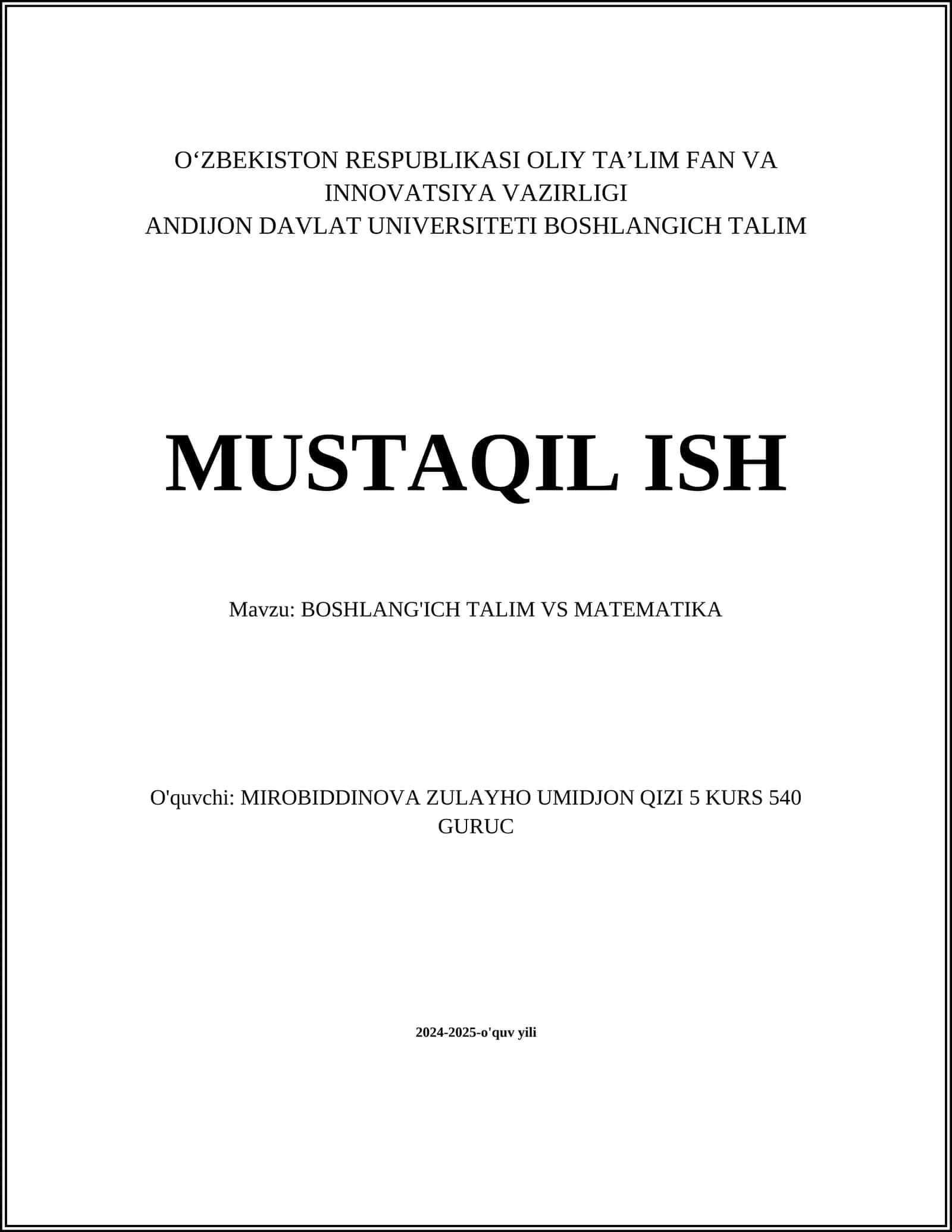 BOSHLANG'ICH TALIM VS MATEMATIKA 1