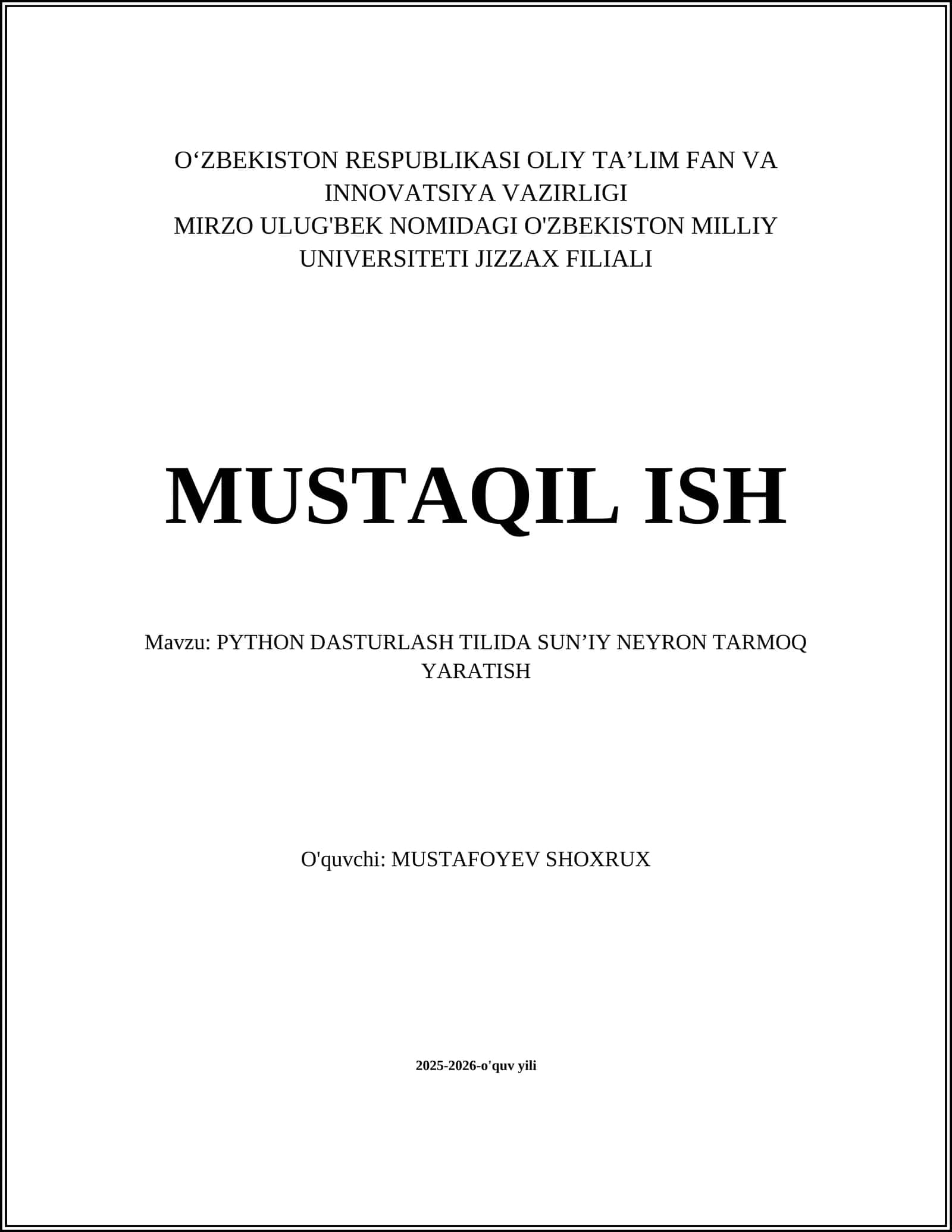 PYTHON DASTURLASH TILIDA SUN’IY NEYRON TARMOQ YARATISH 1