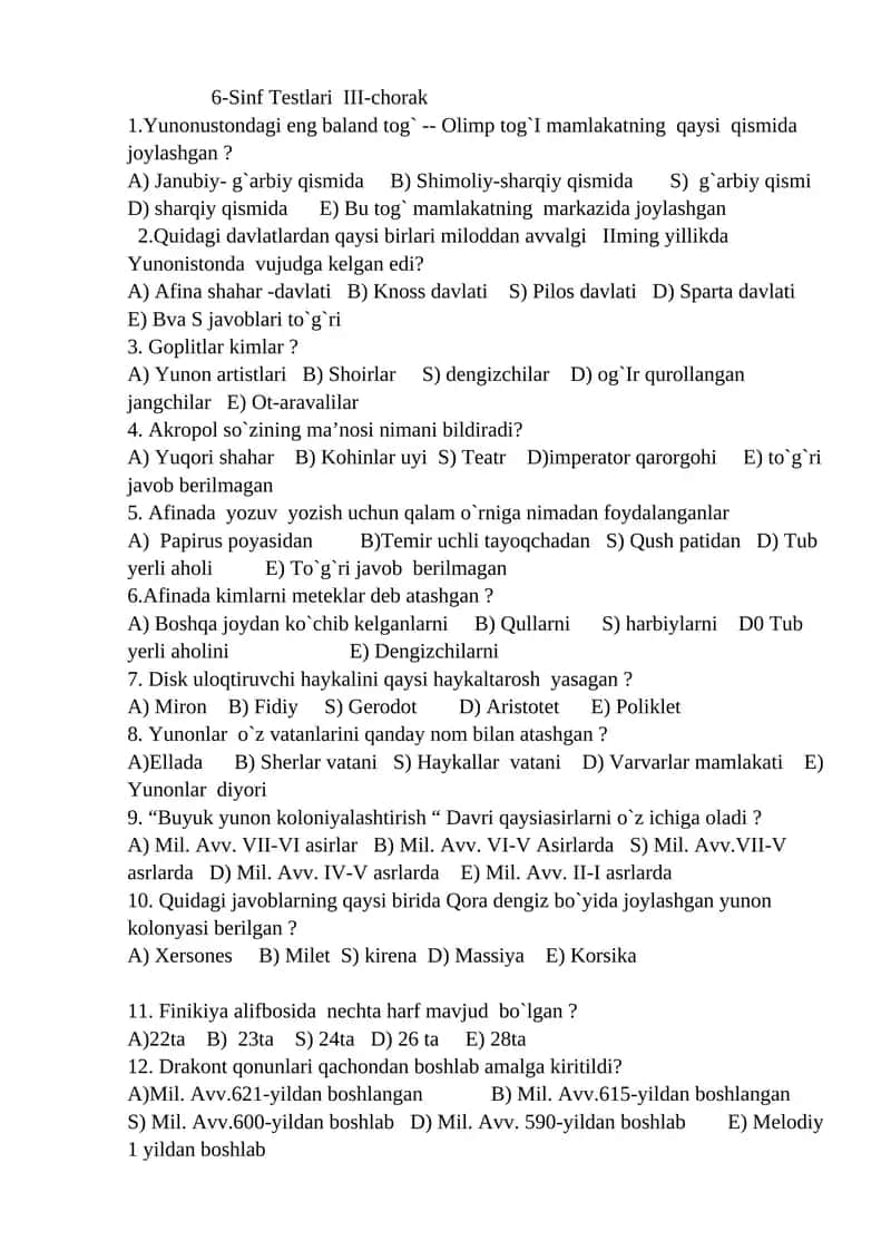 6-Sinf Testlari III-chorak 1