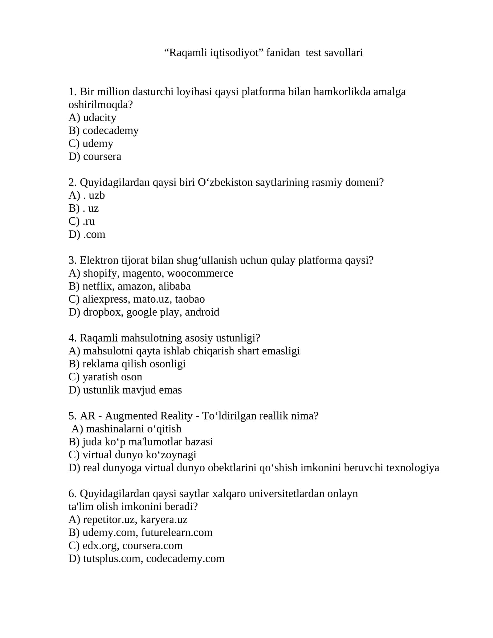 Raqamli iqtisodiyot fanidan test savollari 1