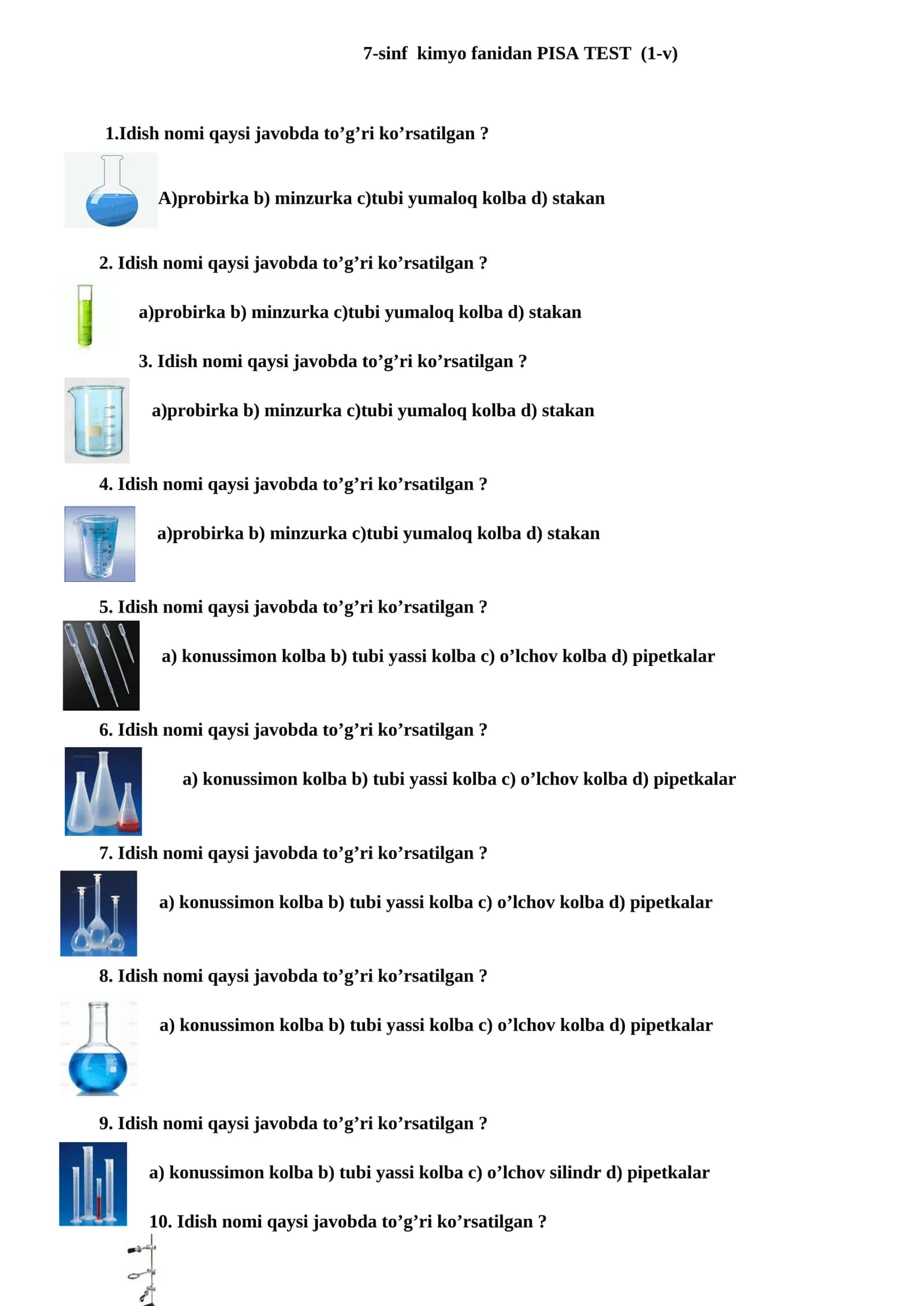 7-sinf kimyo fanidan PISA TEST 1