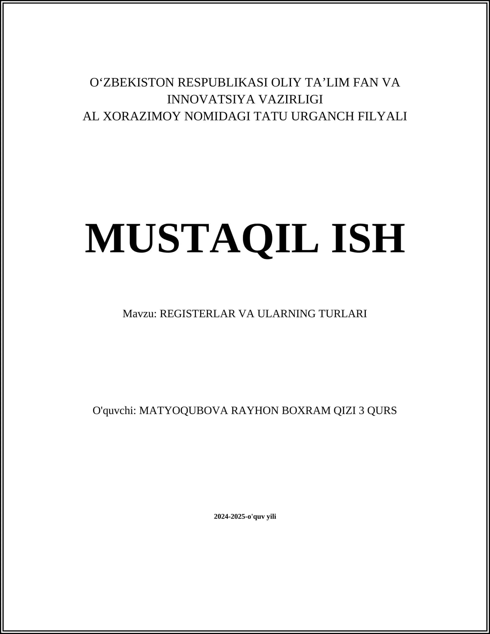 REGISTERLAR VA ULARNING TURLARI 1