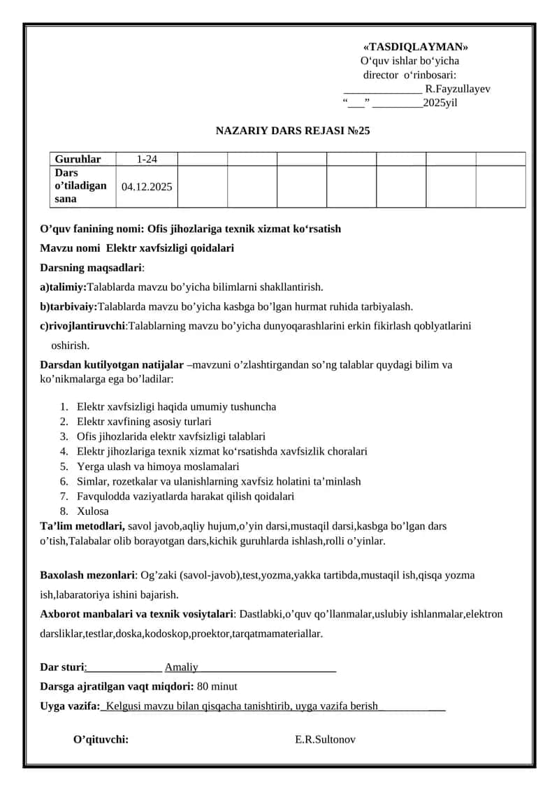 Elektr xavfsizligi qoidalari 1