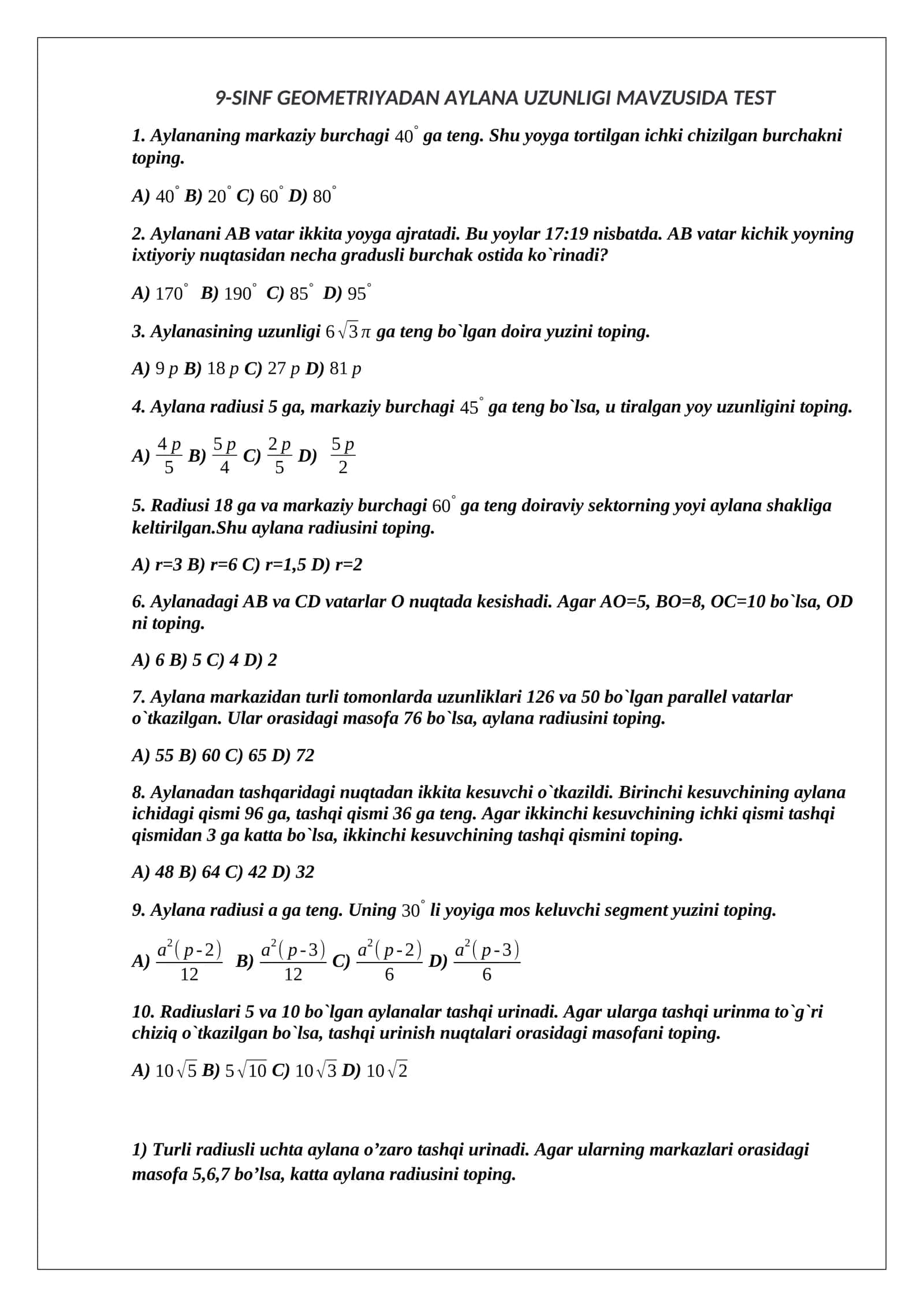 9-SINF GEOMETRIYADAN AYLANA UZUNLIGI 1