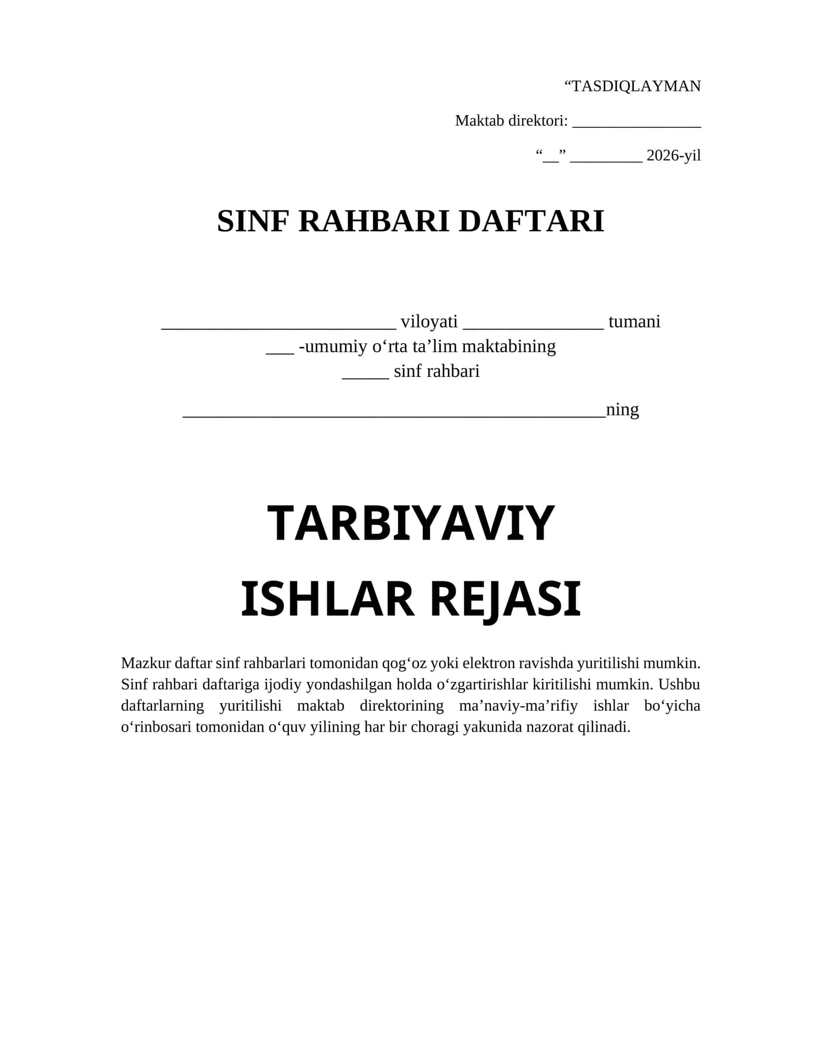 Sinf rahbari daftari va tarbiyaviy ishlar rejasi 1