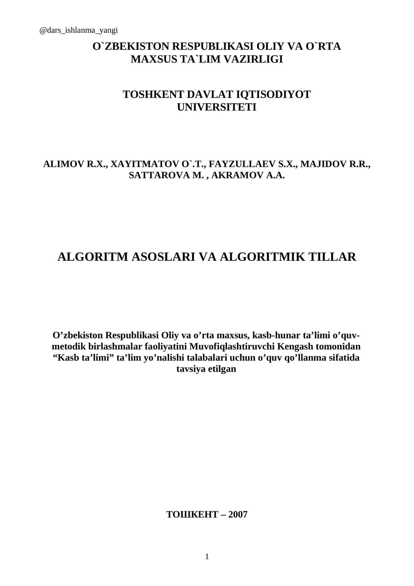 ALGORITM ASOSLARI VA ALGORITMIK TILLAR 1