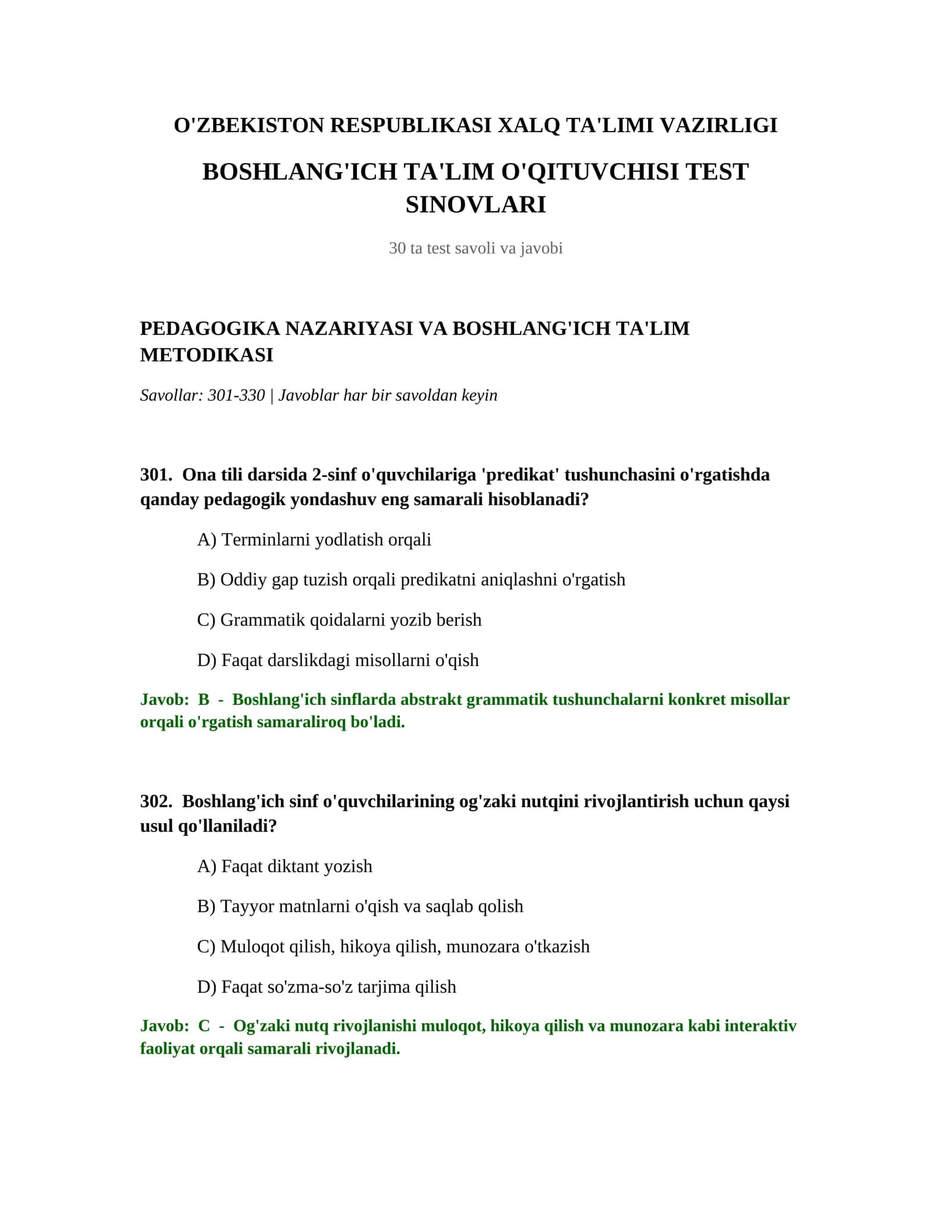 BOSHLANG'ICH TA'LIM O'QITUVCHISI TEST SINOVLARI 1
