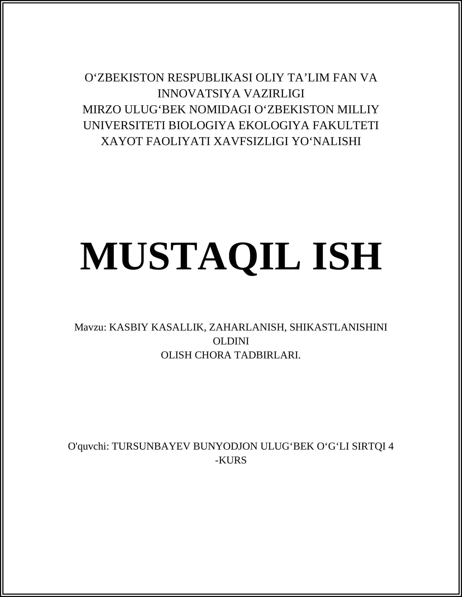 KASBIY KASALLIK, ZAHARLANISH, SHIKASTLANISHINI OLDINI OLISH CHORA TADBIRLARI 1