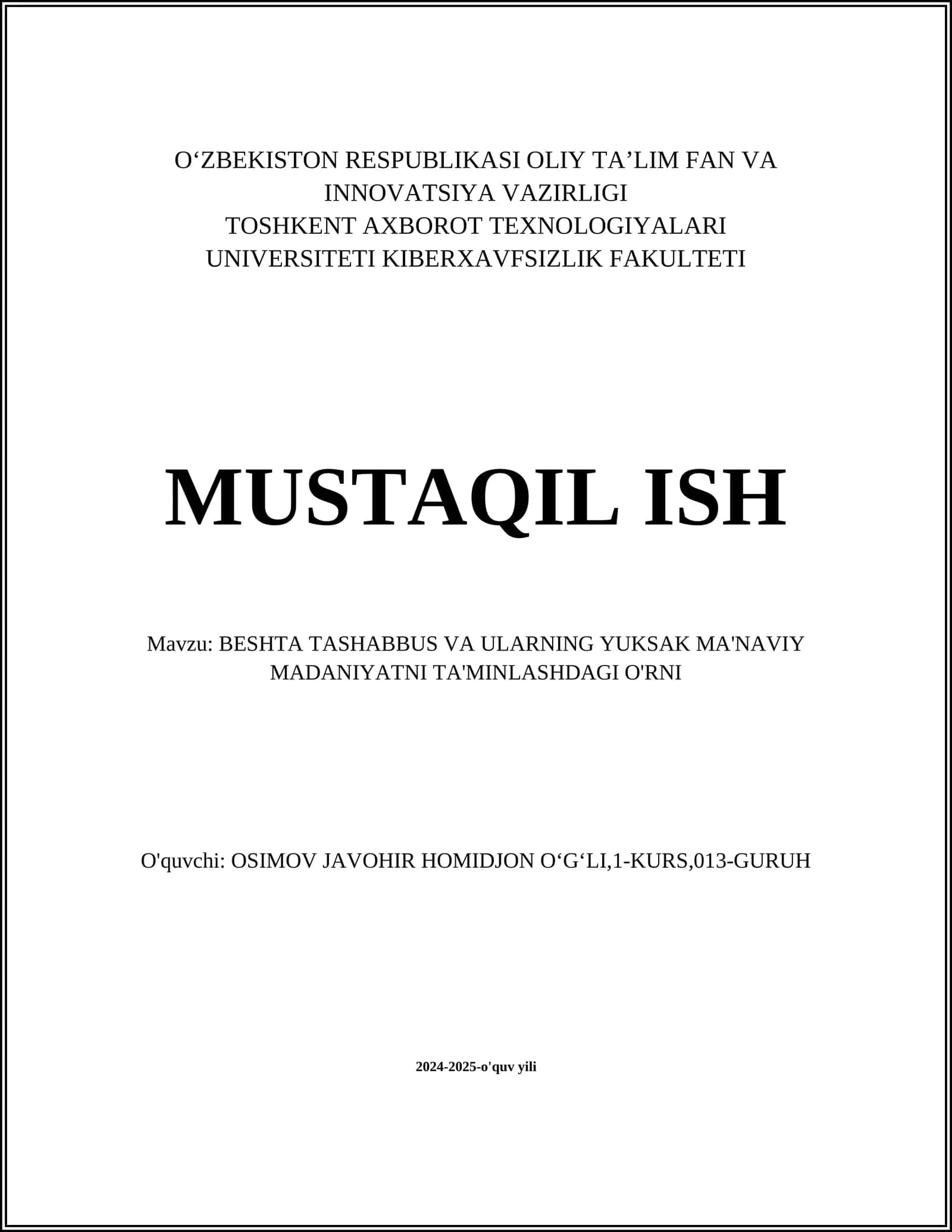 BESHTA TASHABBUS VA ULARNING YUKSAK MA'NAVIY MADANIYATNI TA'MINLASHDAGI O'RNI 1