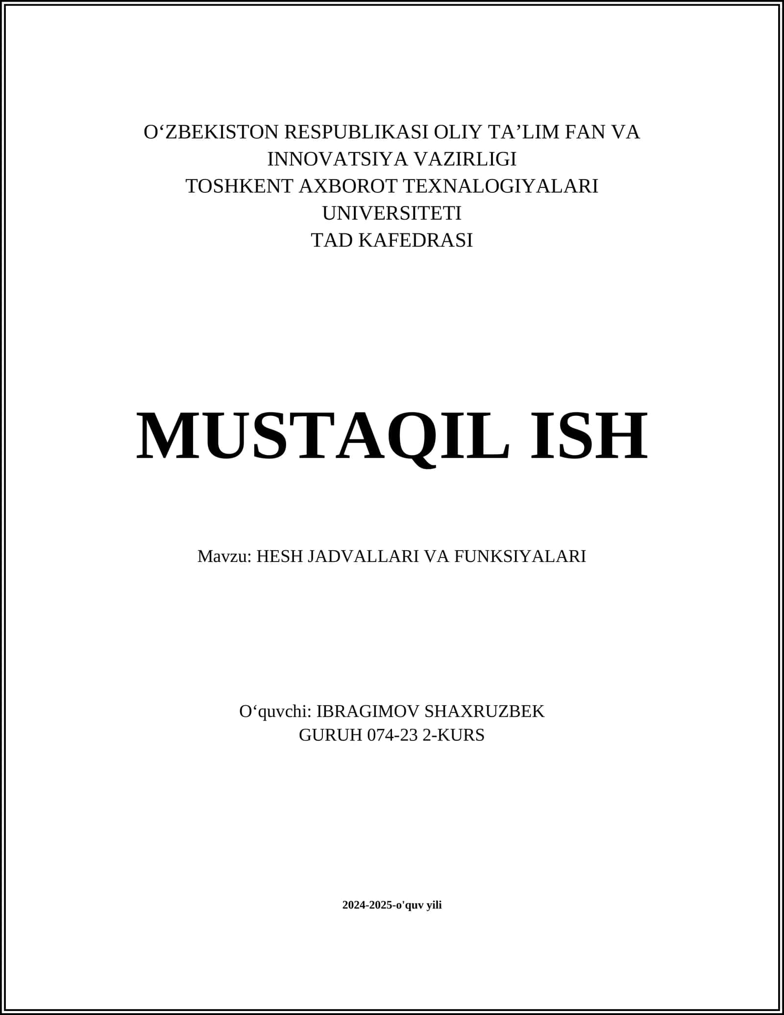 HESH JADVALLARI VA FUNKSIYALARI 1