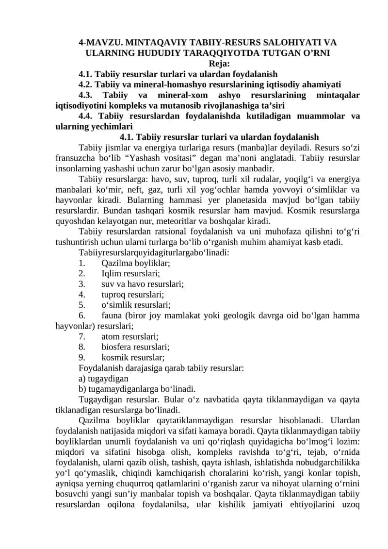Tabiiy Resurslar Turlari 1
