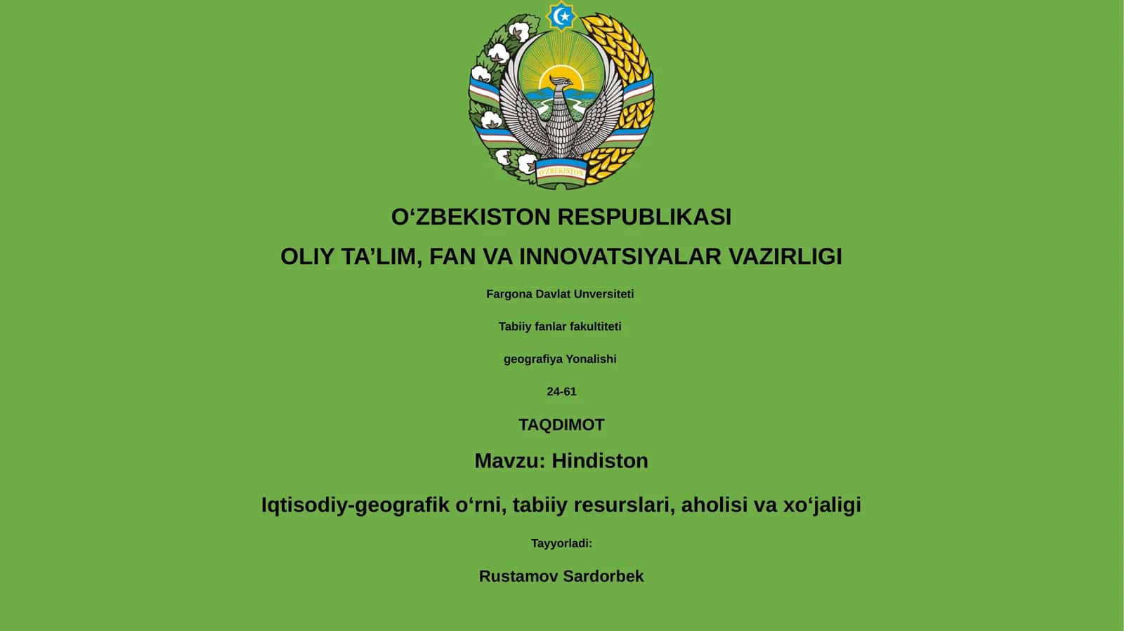 Hindiston Iqtisodiy-geografik o‘rni, tabiiy resurslari, aholisi va xo‘jaligi 1