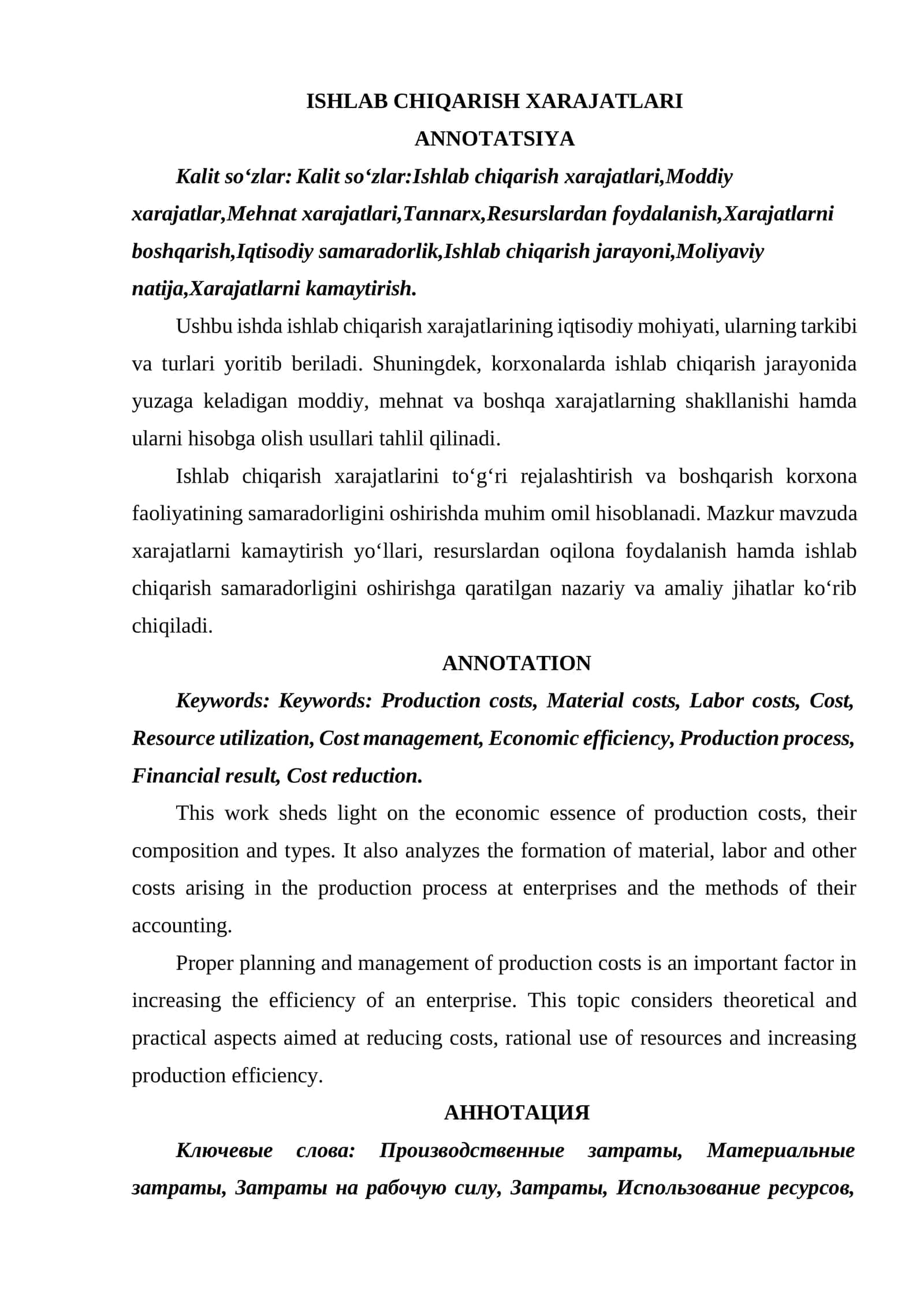 ISHLAB CHIQARISH XARAJATLARI 1