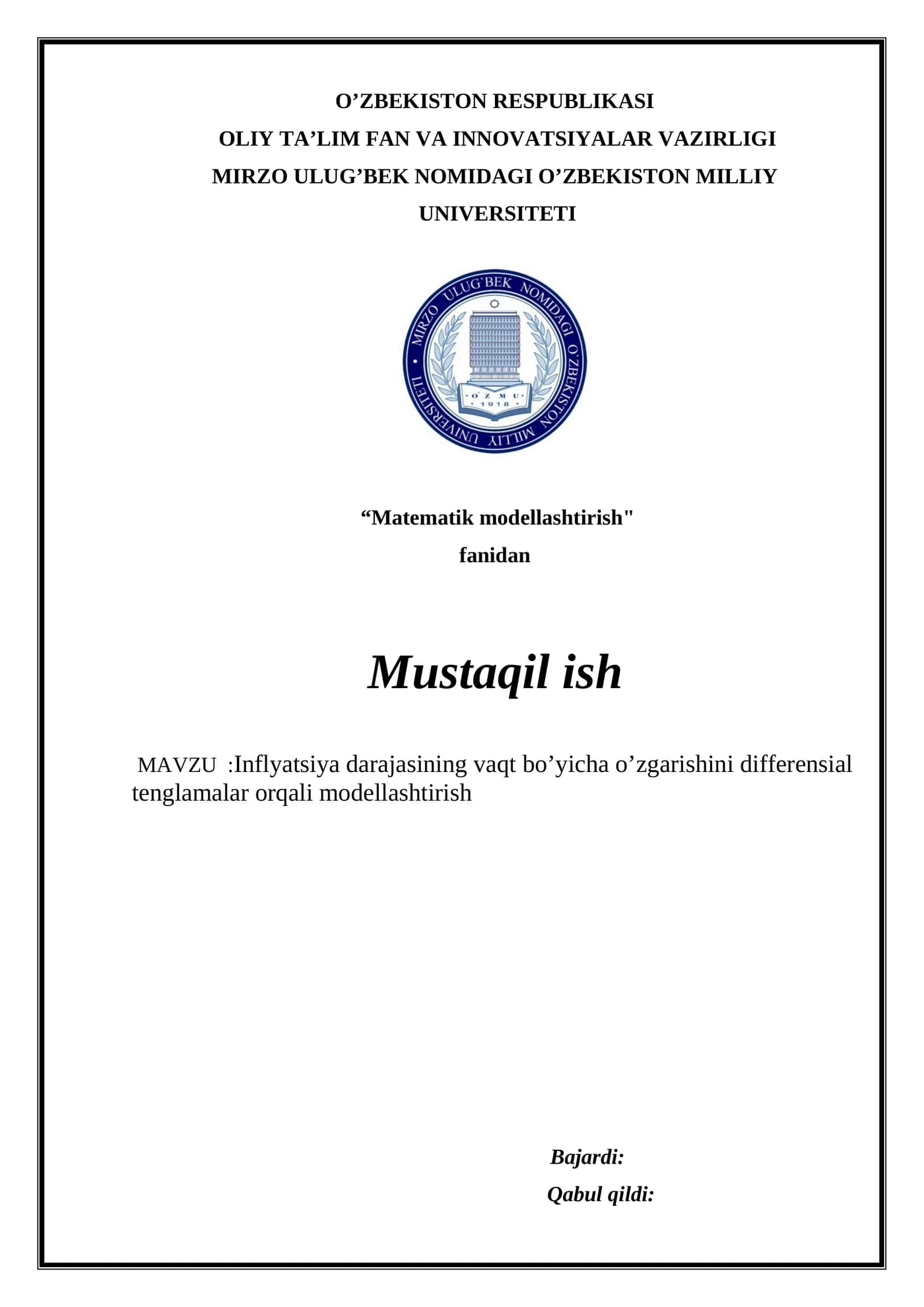 “Matematik modellashtirish" fanidan Mustaqil ish 1