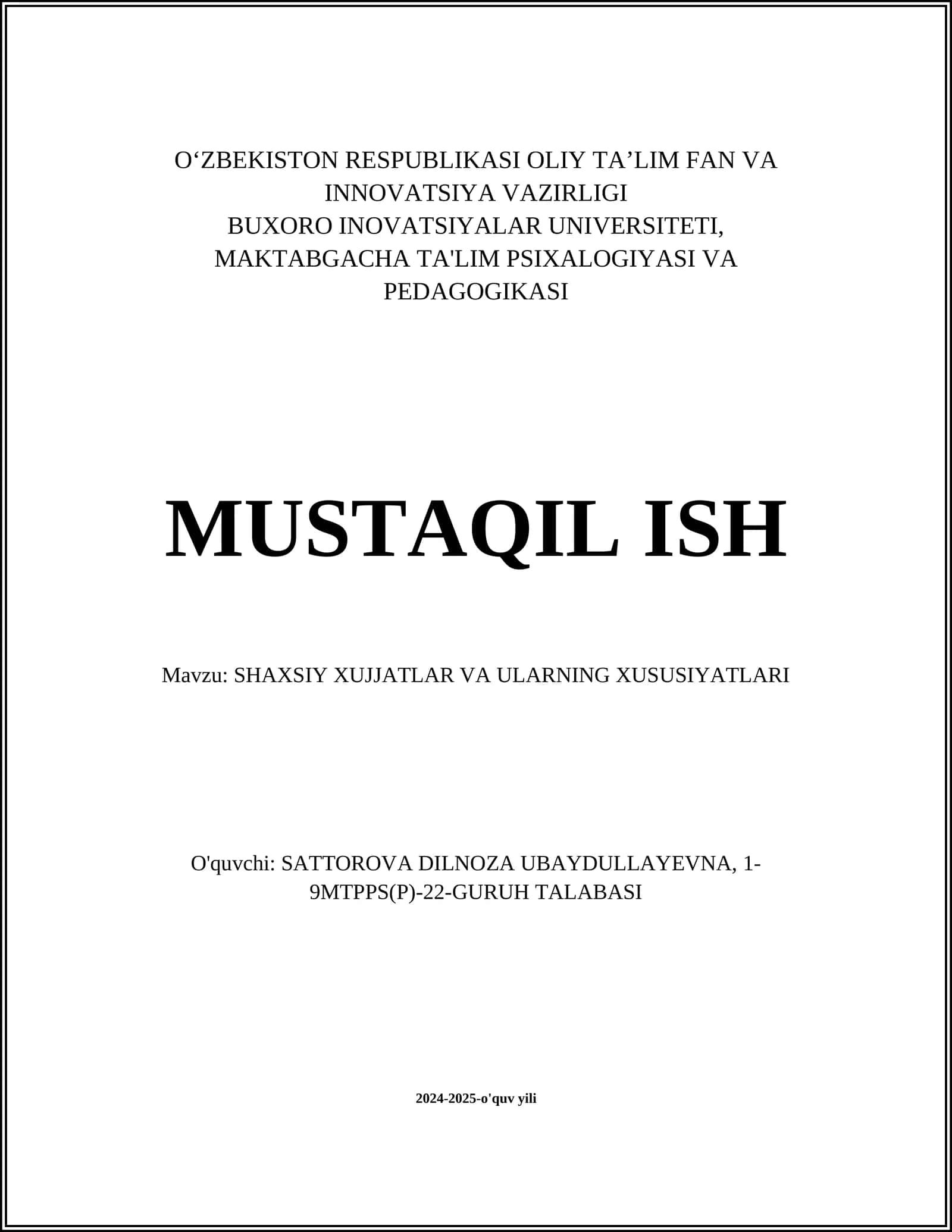 SHAXSIY XUJJATLAR VA ULARNING XUSUSIYATLARI 1