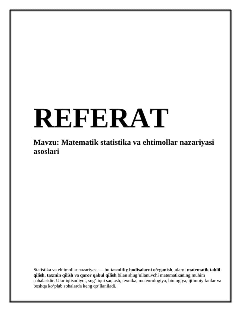 Matematik statistika va ehtimollar nazariyasi asoslari 1