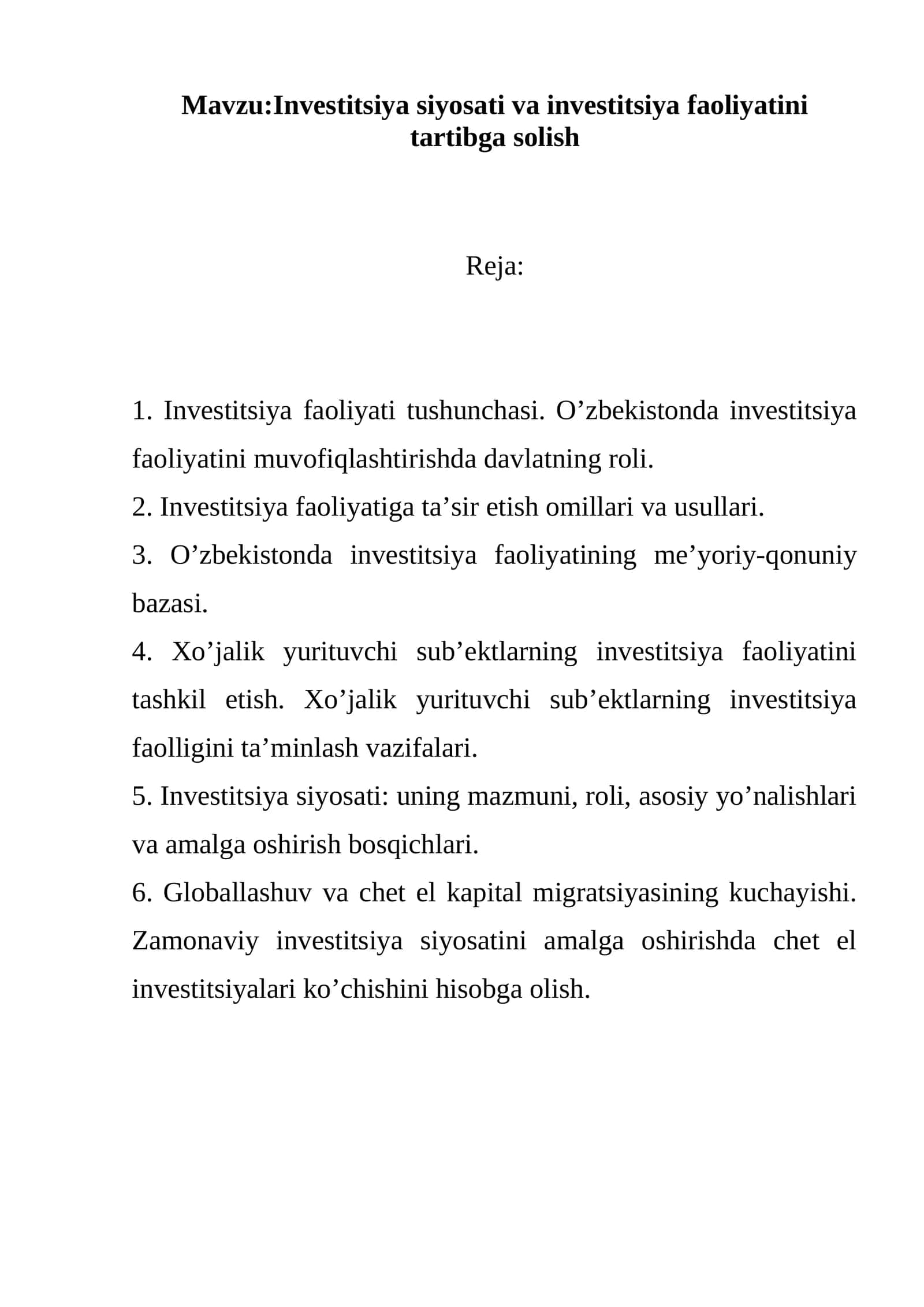 Investitsiya siyosati va investitsiya faoliyatini tartibga solish 1
